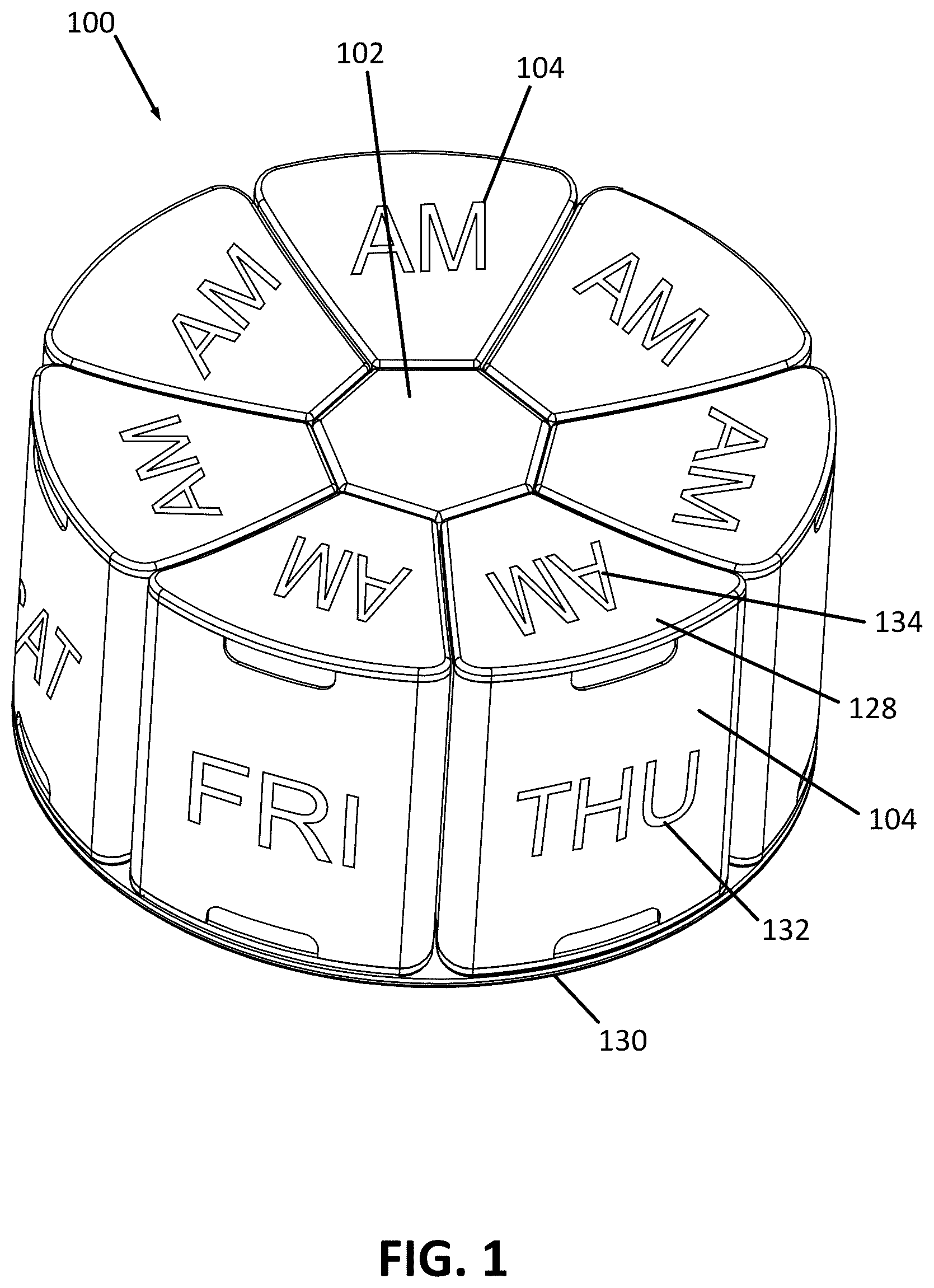 Patent US12569406 — AM/PM multi-day pill container — Figure 1