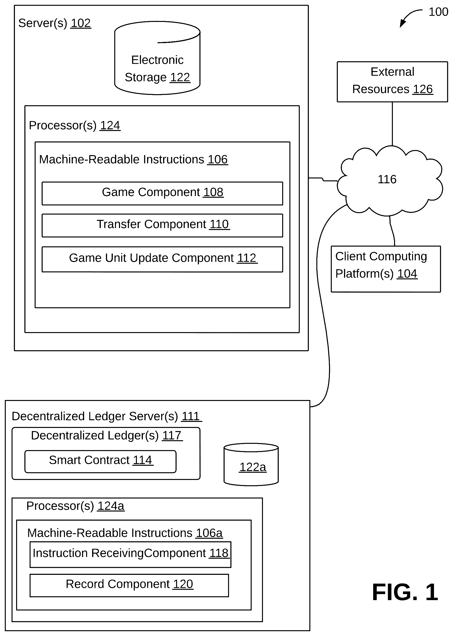 Patent US12569771 — Systems and methods to facilitate game unit management with a smart contract responsive to battles involving the game units — Figure 1