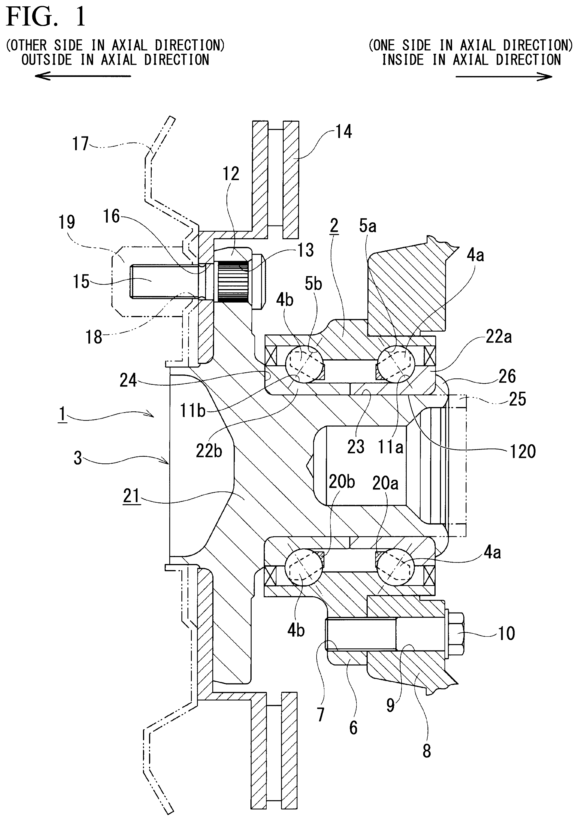 Patent US12569902 — Method of manufacturing staking assembly, method of manufacturing hub unit bearing, staking device, staking assembly, and method of manufacturing vehicle — Figure 1