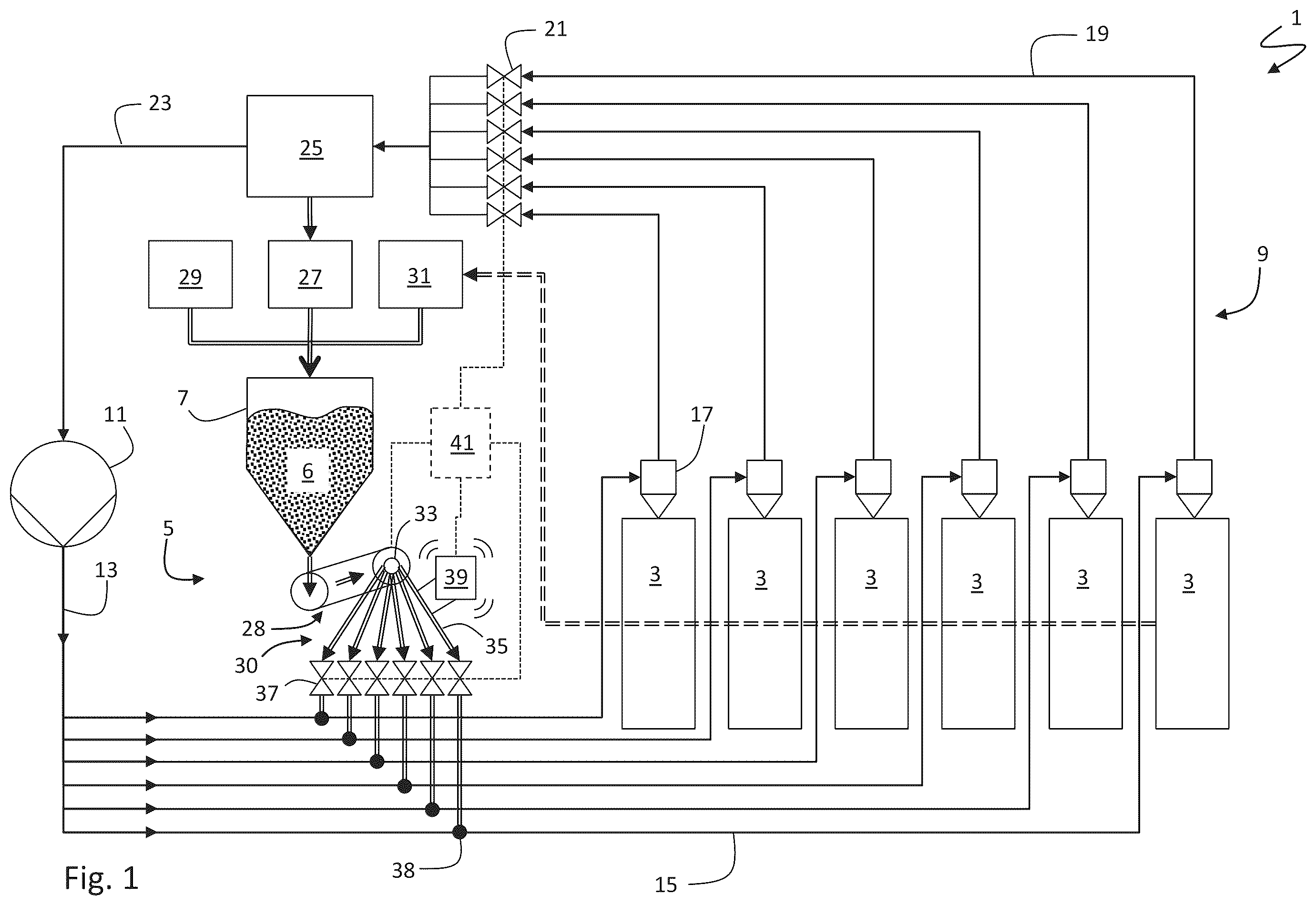 Patent US12569915 Figure 1 – System and method for distributing raw material powder to a plurality of additive manufacturing machines