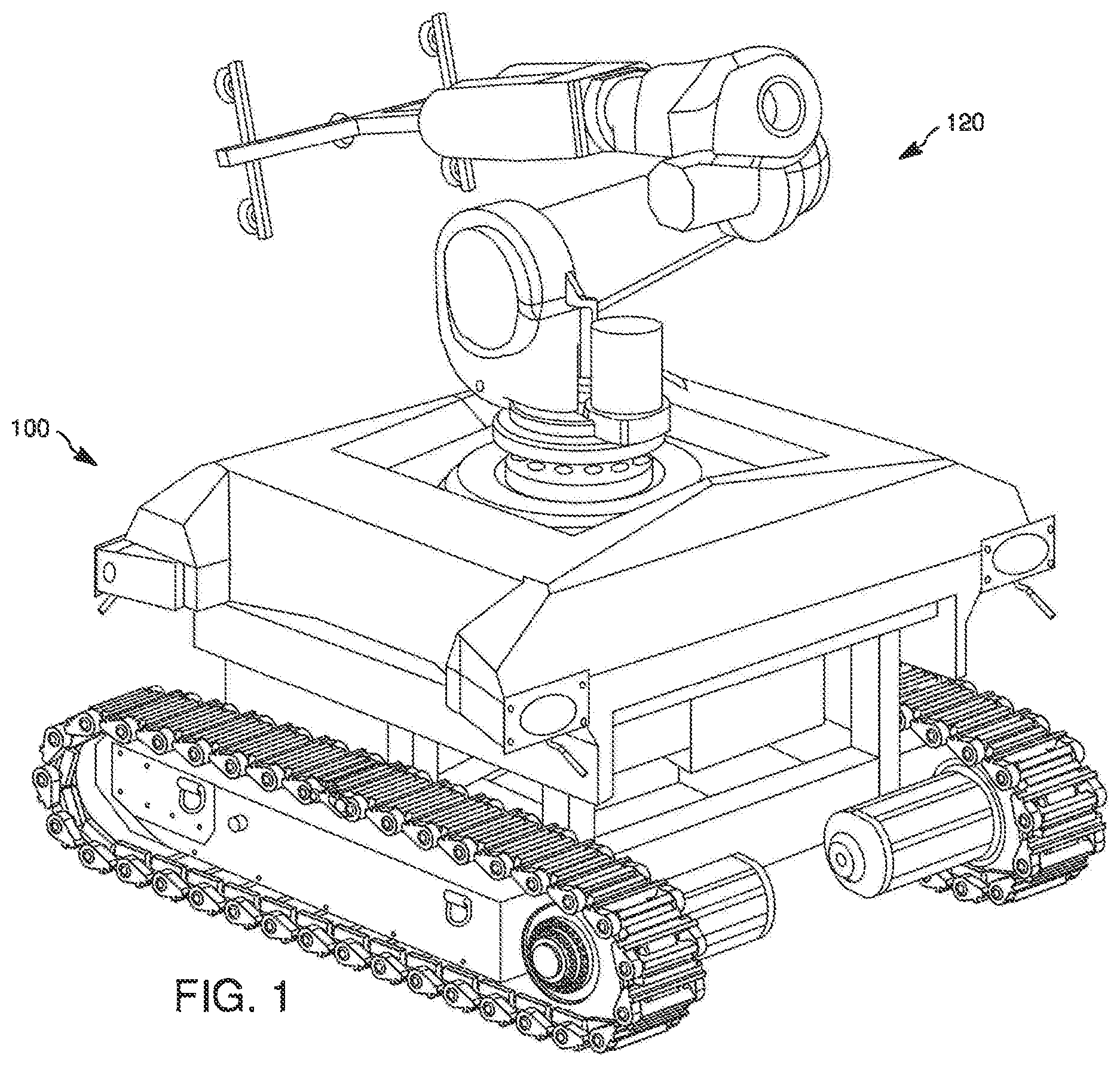Patent US12569987 Figure 1 – Robotic arm cooperating with an off-road capable base vehicle