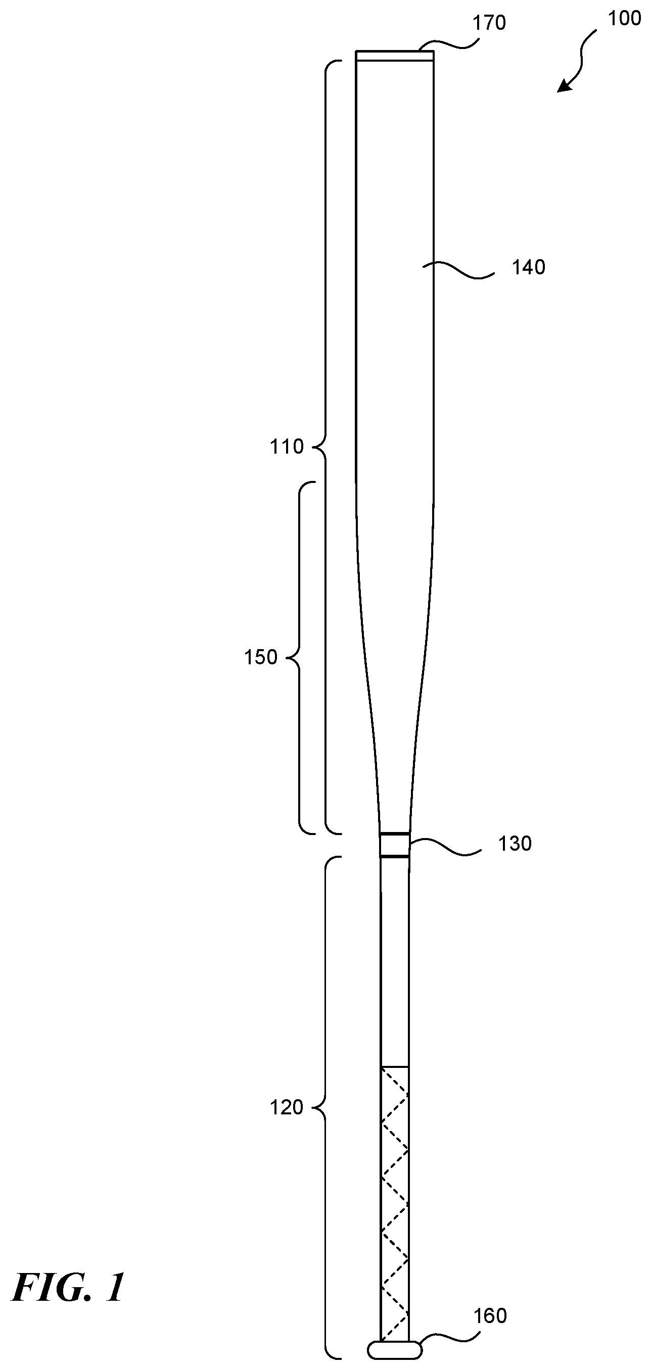 Patent US12576321 Figure 1 – Ball bat with shock attenuating handle