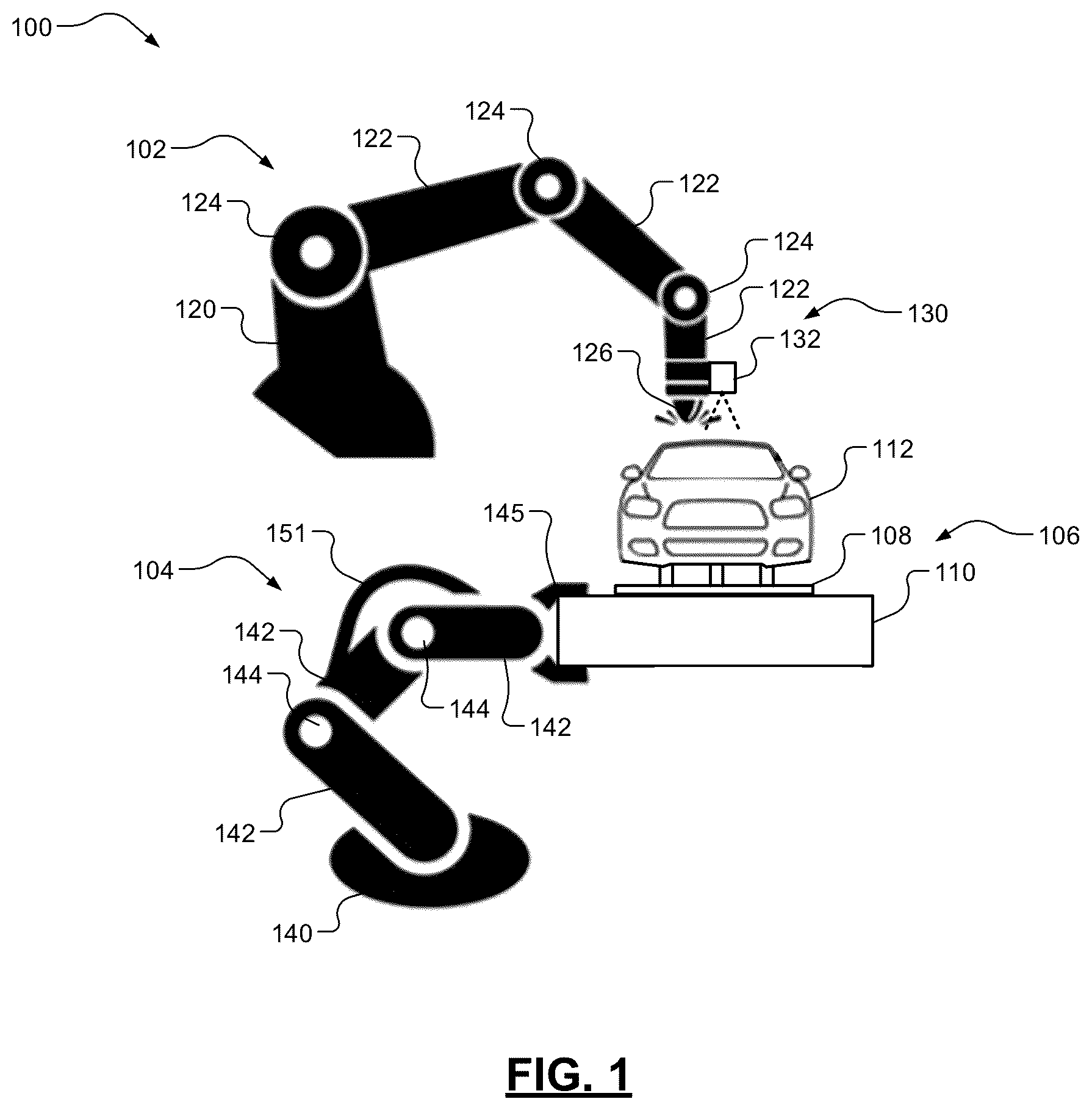 Patent US12576511 — Overspray-free robotic paint system including fixture lifting, positioning, and orienting robots — Figure 1