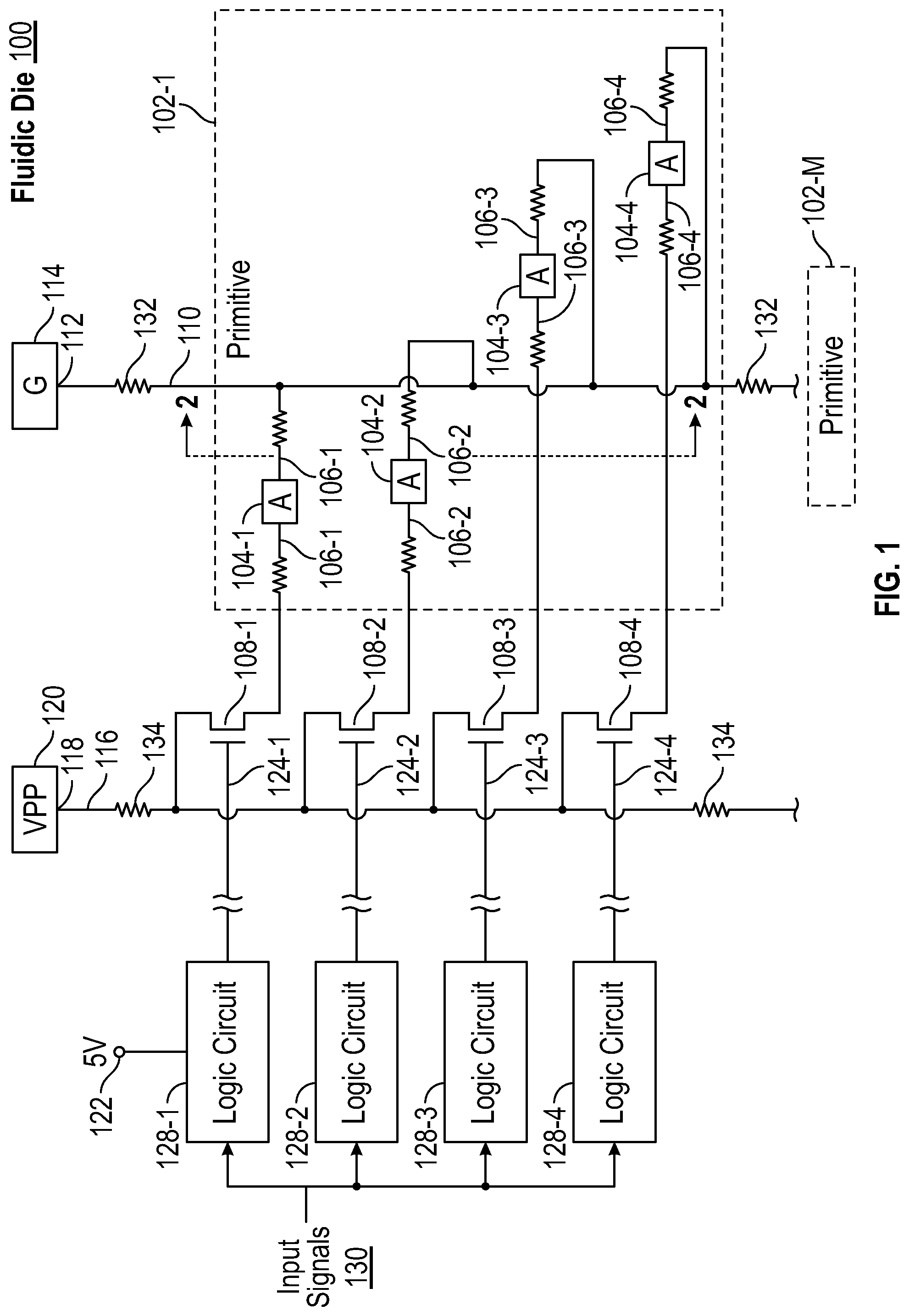 Patent US12576633 — Matching electrically conductive line resistances to switches in fluidic dies — Figure 1