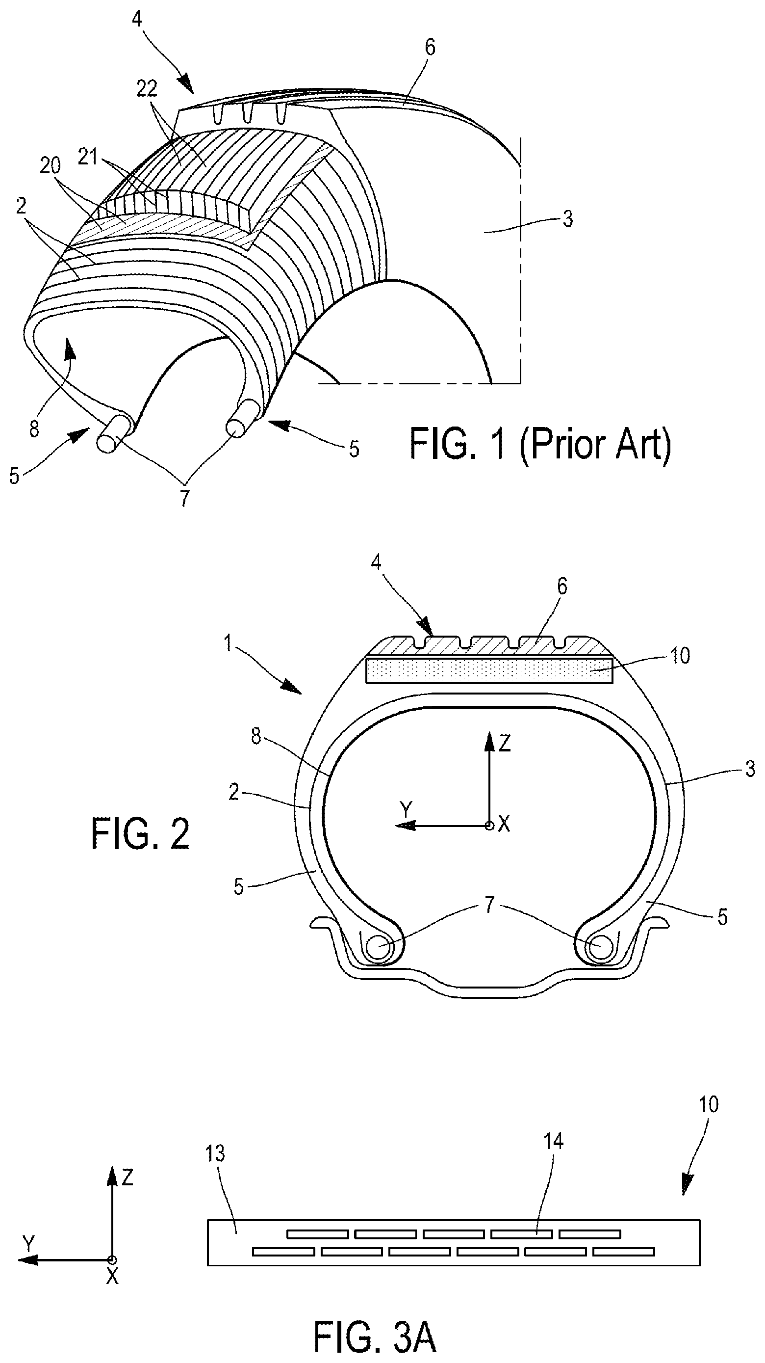 Patent US12576673 Figure 1 – Tire comprising reinforcing elements in the form of laminated strips