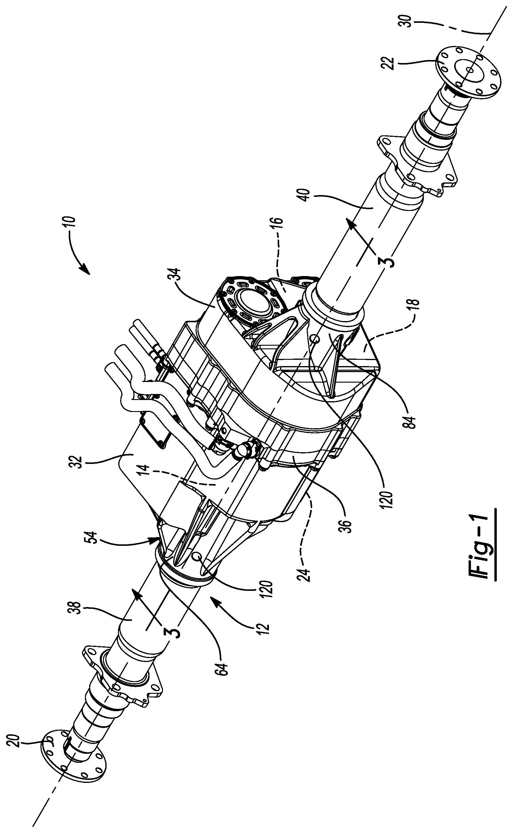 Patent US12576703 — Electric drive unit with motor assembly isolated from beaming loads transmitted through housing assembly — Figure 1