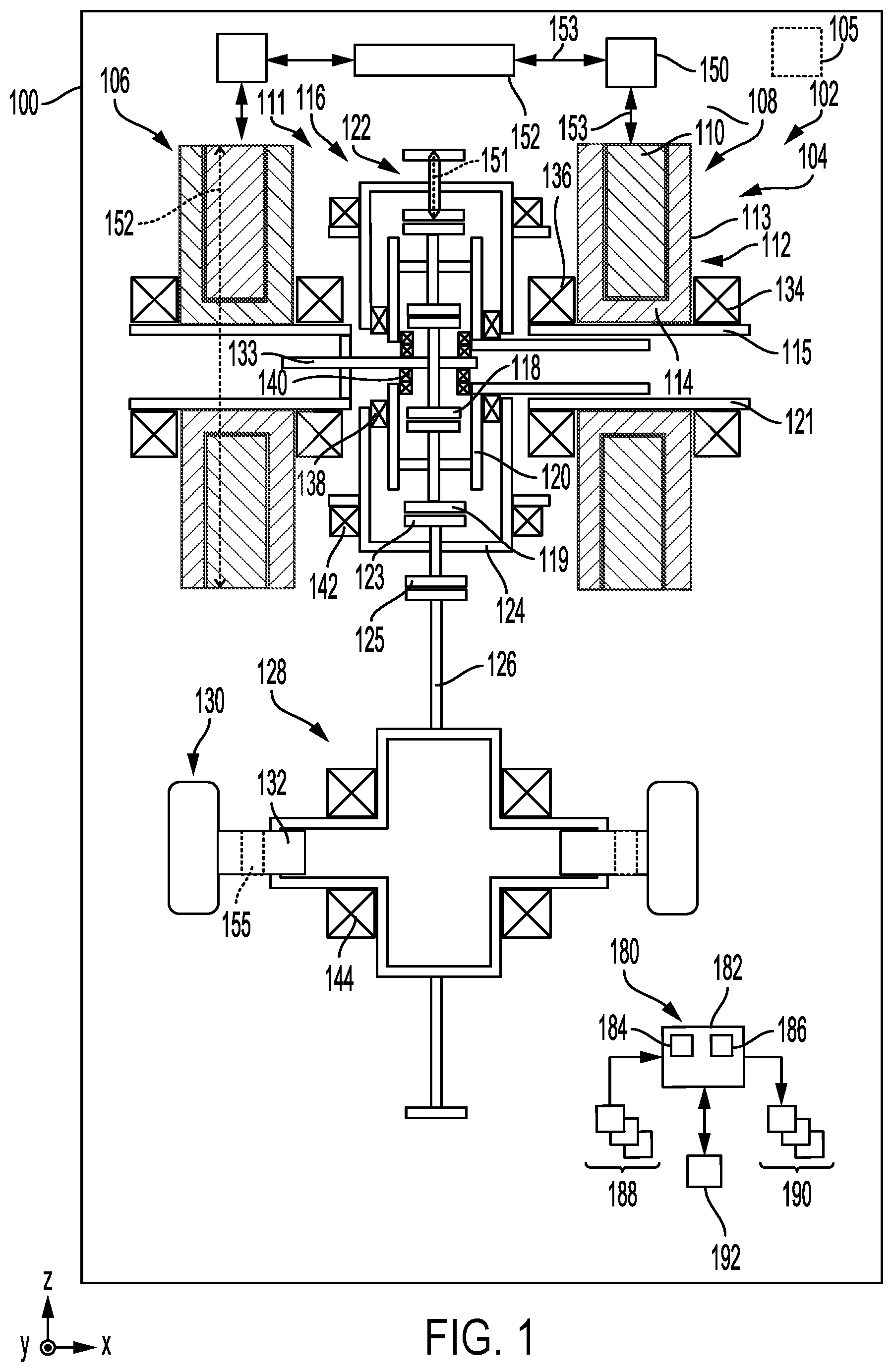 Patent US12576708 — Electric axle with compact electric machine and gearbox arrangement — Figure 1