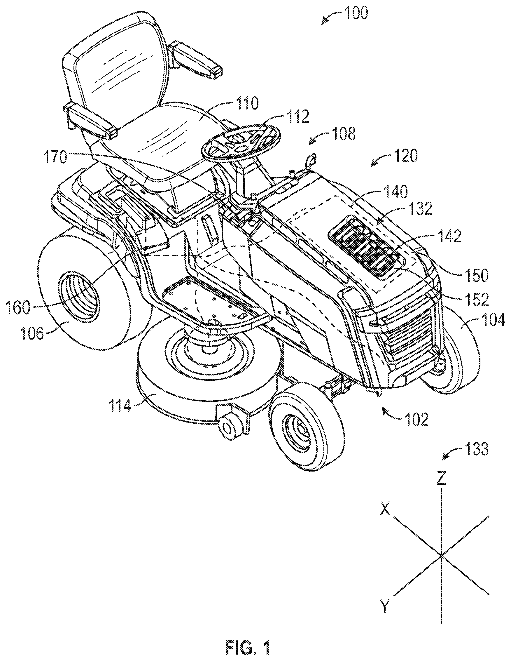 Patent US12576746 — Lawn tractor with removable battery packs — Figure 1
