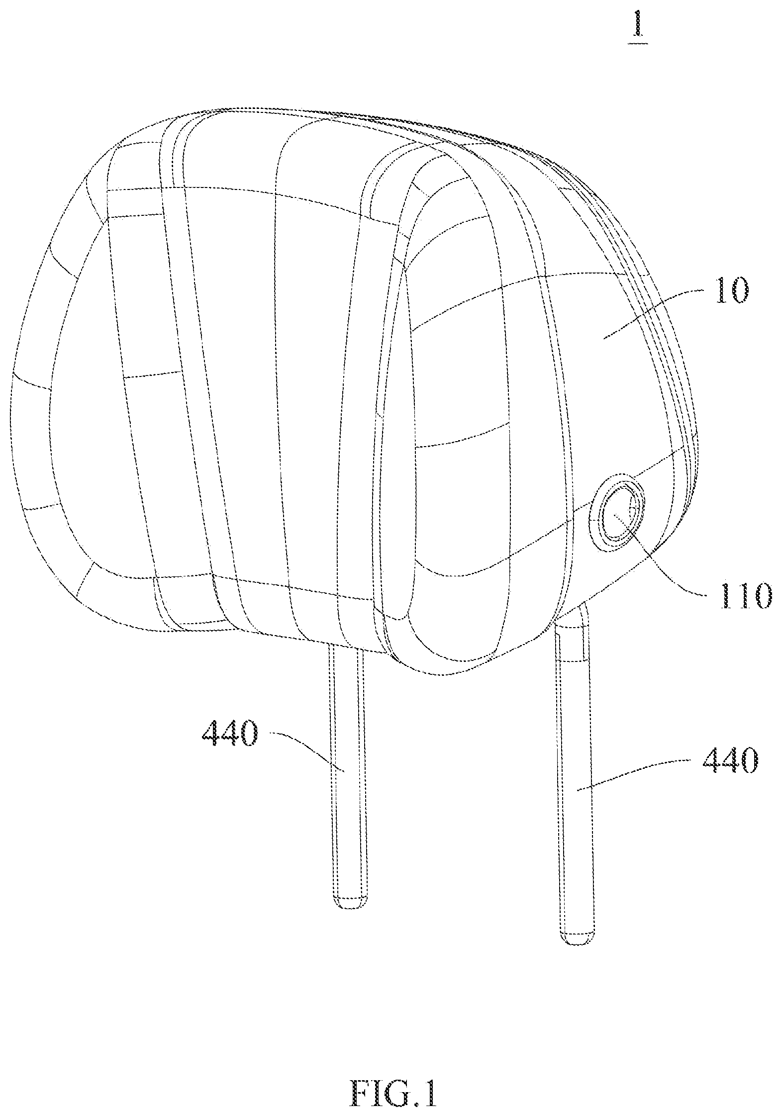 Patent US12576763 Figure 1 – Adjustment assembly and headrest
