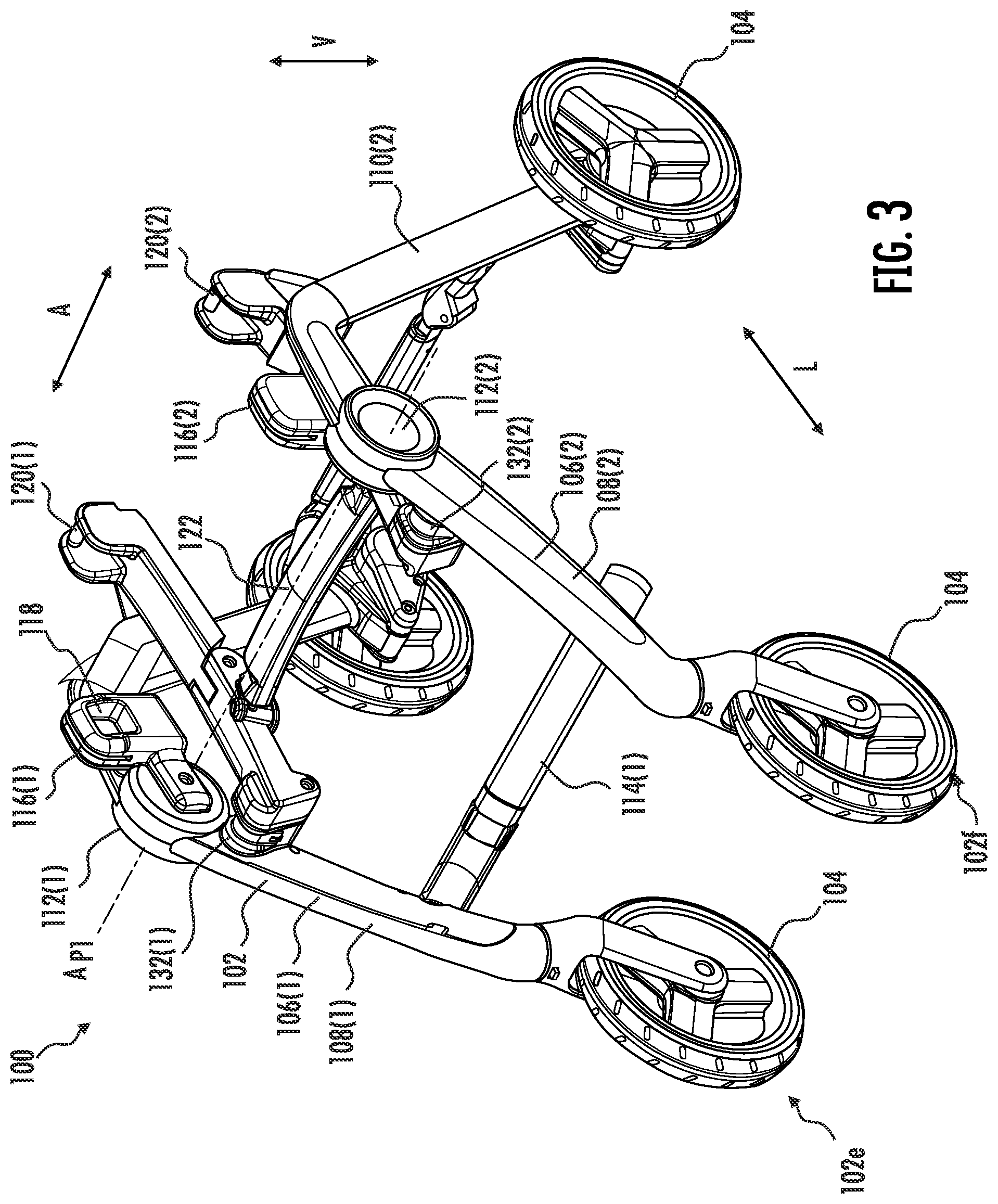 Patent US12576900 Figure 2 – Travel system having a child carrier with handle that extends and/or rotates