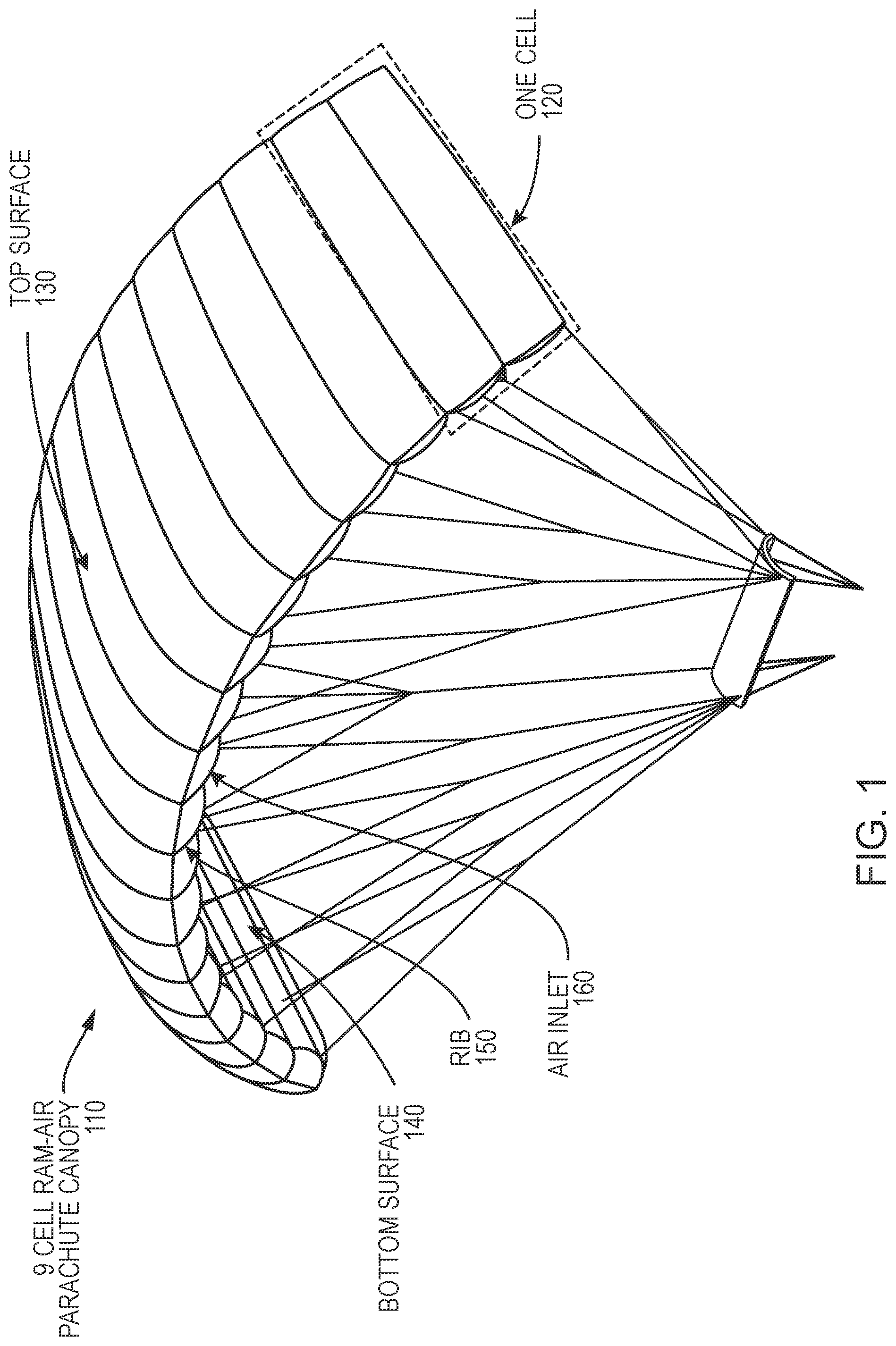 Patent US12576975 Figure 1 – Method, system, and apparatus for a parachute
