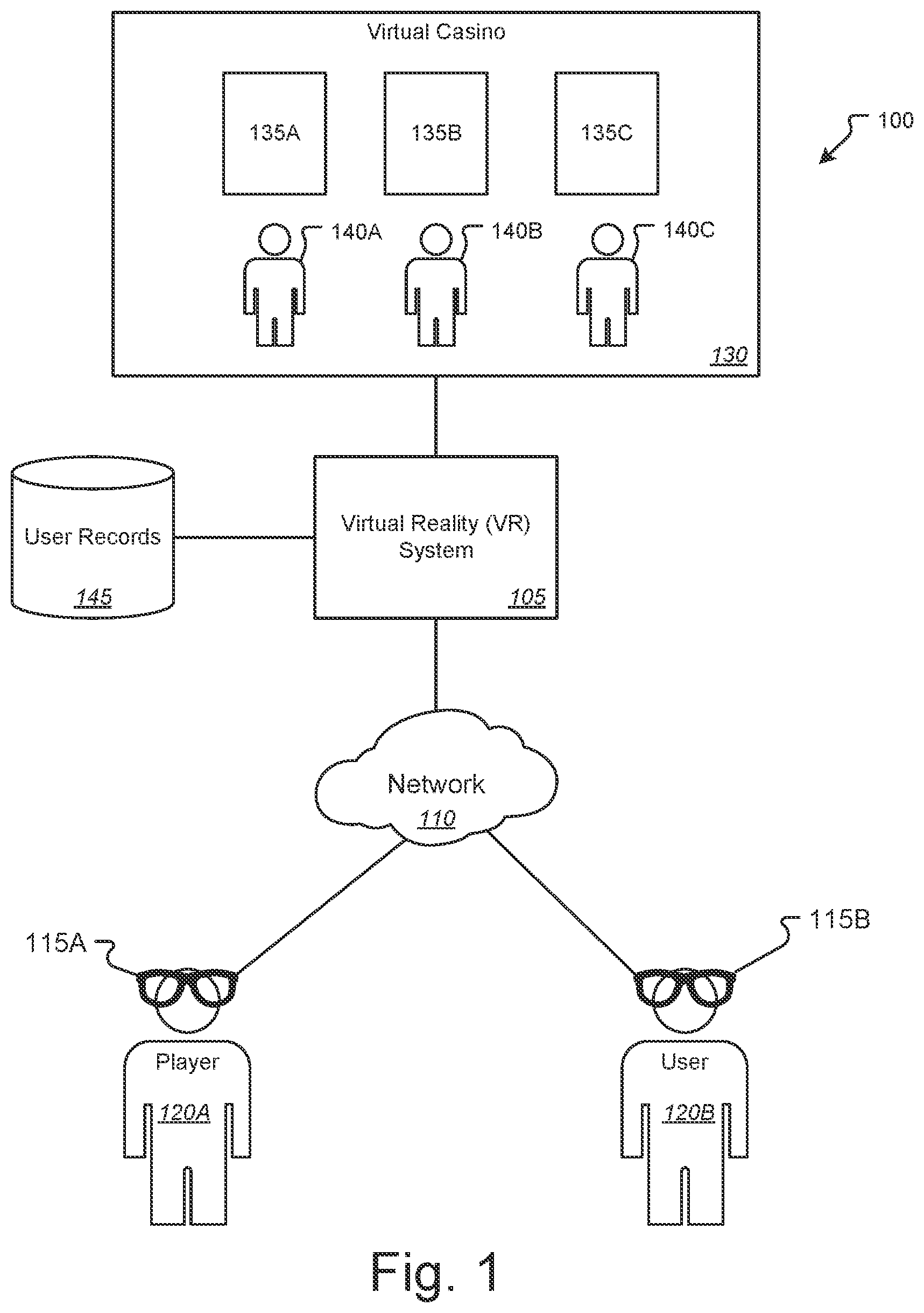 Patent US12579862 — Jackpot and win celebration in a virtual reality and augmented reality environment — Figure 1