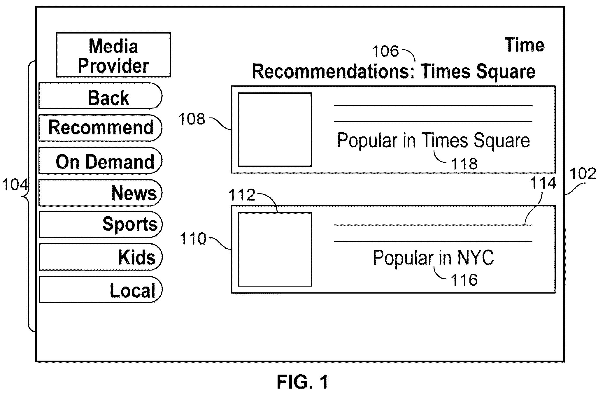 Patent US12581162 — Methods and systems for recommending media assets based on the geographic location at which the media assets are frequently consumed — Figure 1