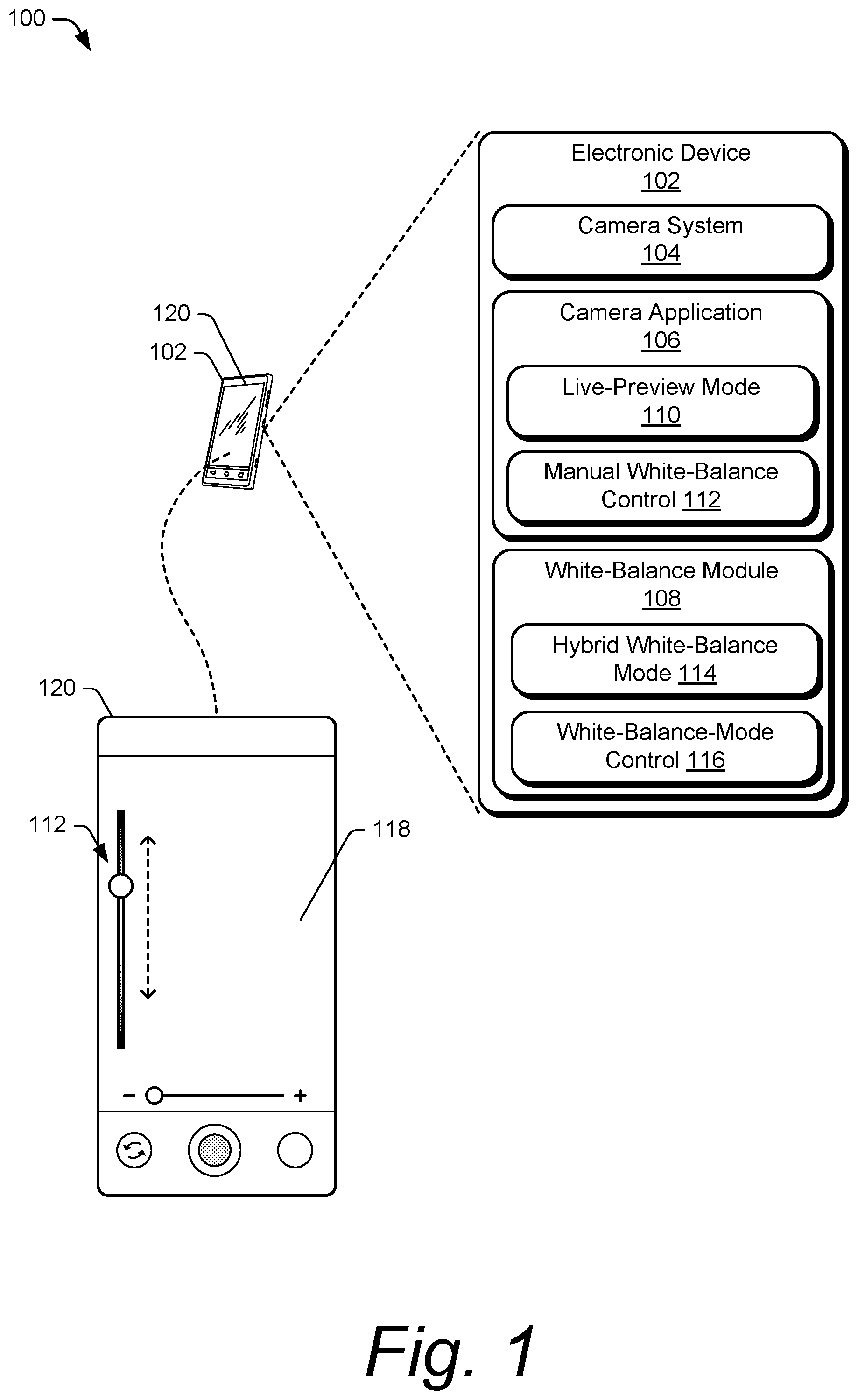 Patent US12581205 — Hybrid white-balance mode in a camera system of an electronic device — Figure 1