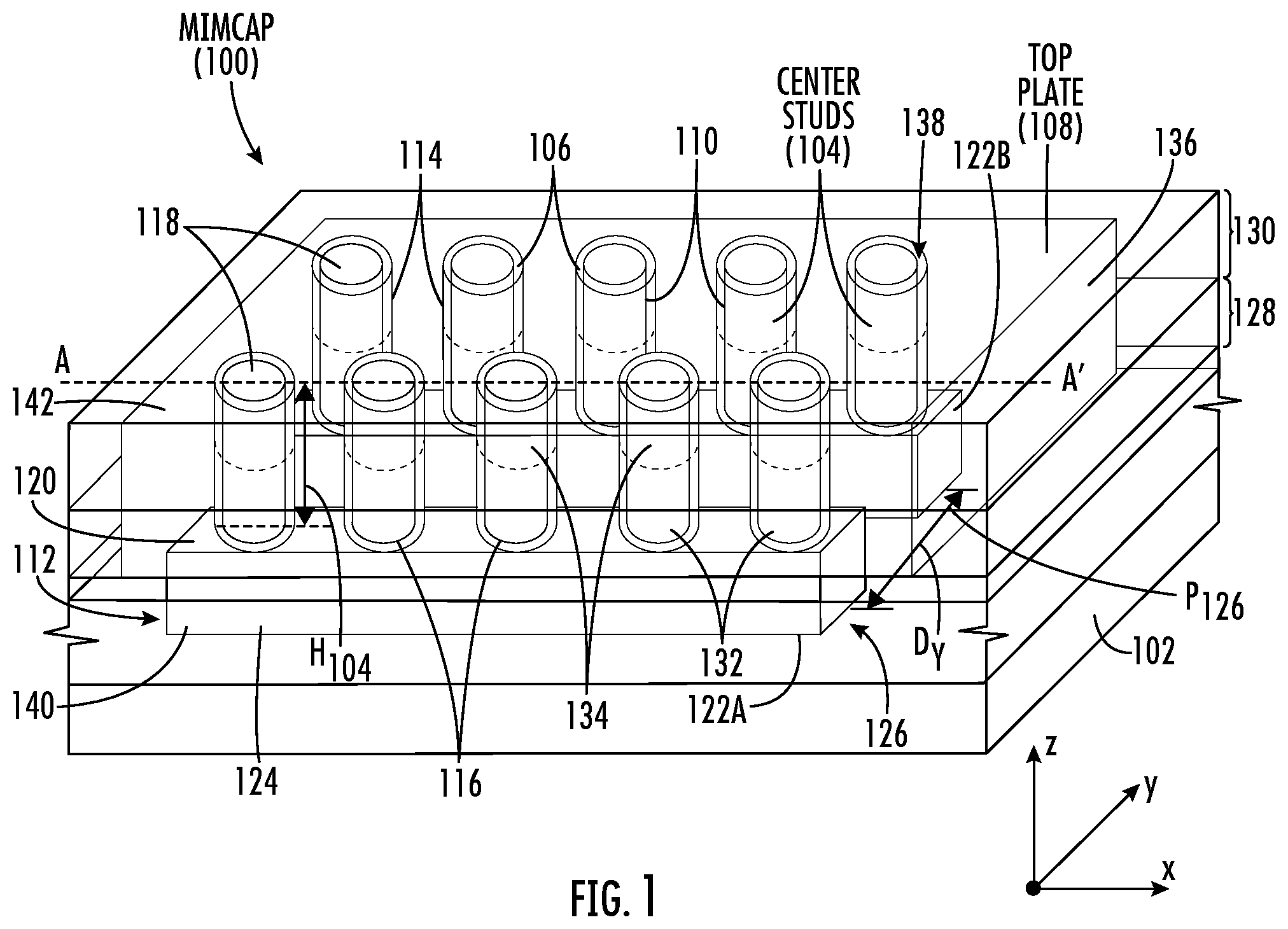 Patent US12581943 — Three-dimensional (3D) metal-insulator-metal capacitor (MIMCAP) including stacked vertical metal studs for increased capacitance density and related fabrication methods — Figure 1