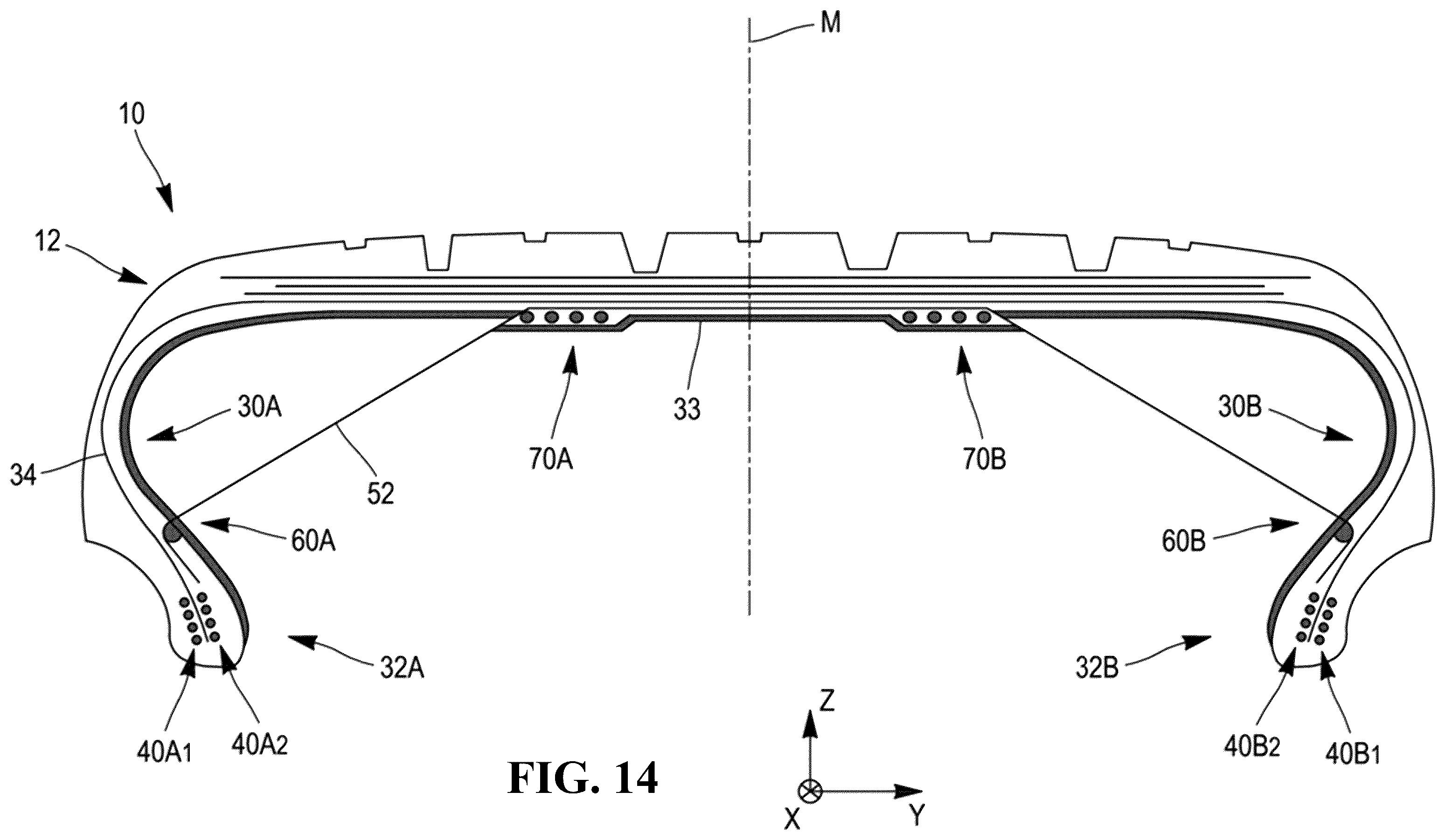 Patent US12583258 Figure 10 – Tire comprising a durable stiffening structure and allowing proper flattening