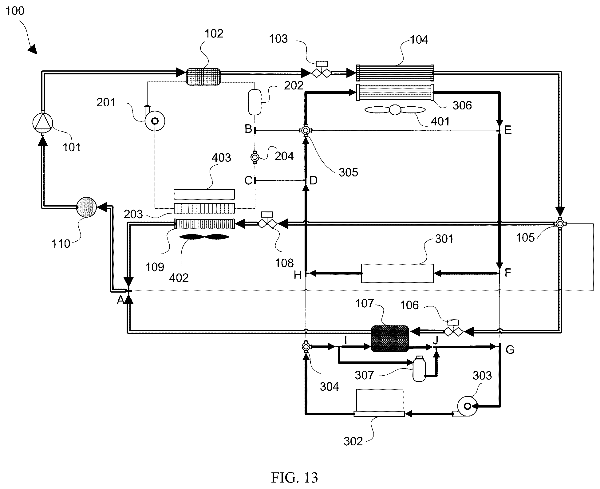 Patent US12583283 Figure 11 – Electric vehicle indirect heat pump system with multiple heat recovery and enhanced refrigerant cooling