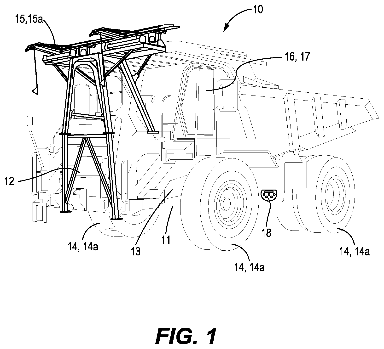 Patent US12583326 Figure 1 – Fleet and trolley system for zero-emission machines