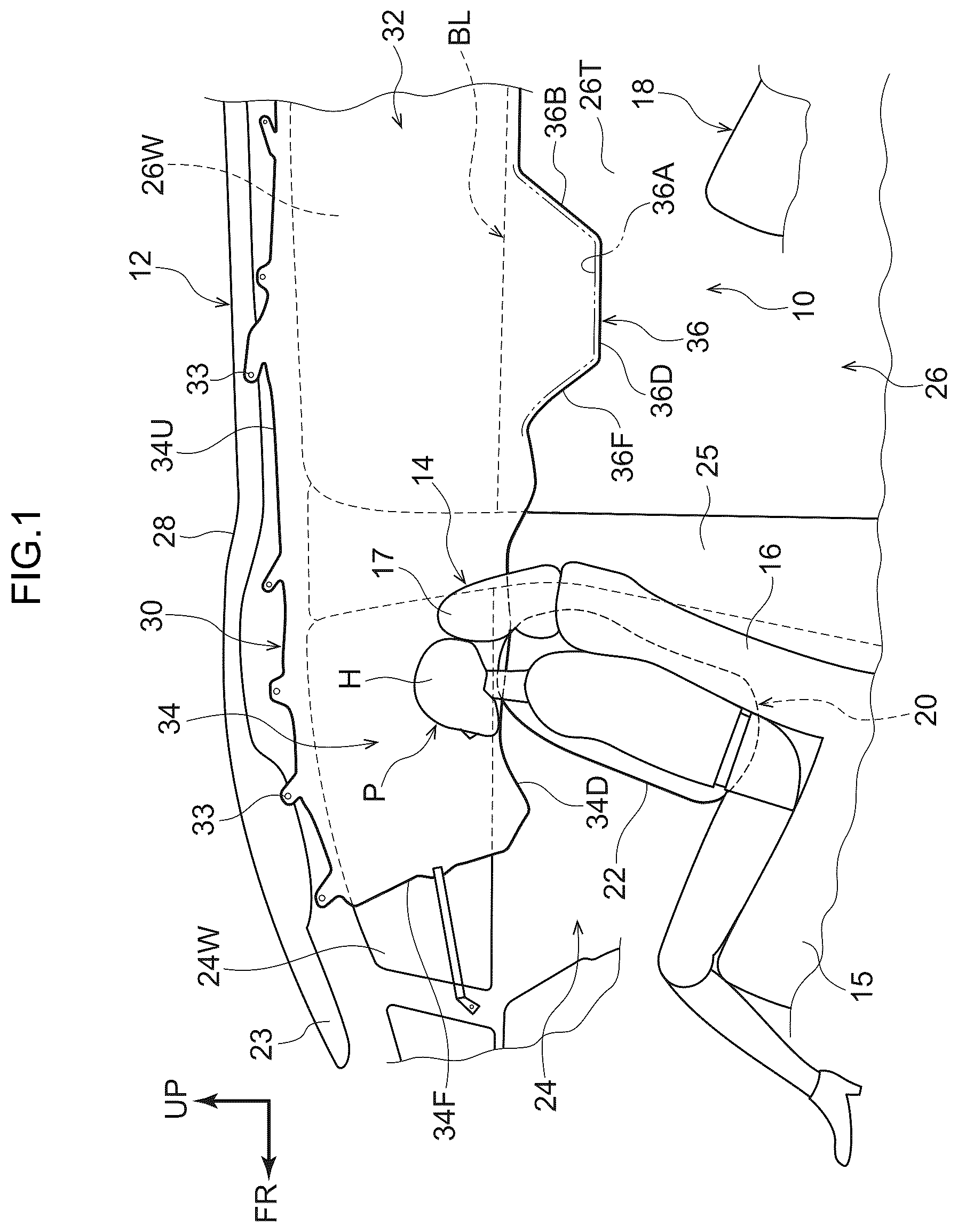 Patent US12583407 — Vehicle passenger protecting device having a side airbag and a curtain airbag with an enlarged inflating portion — Figure 1