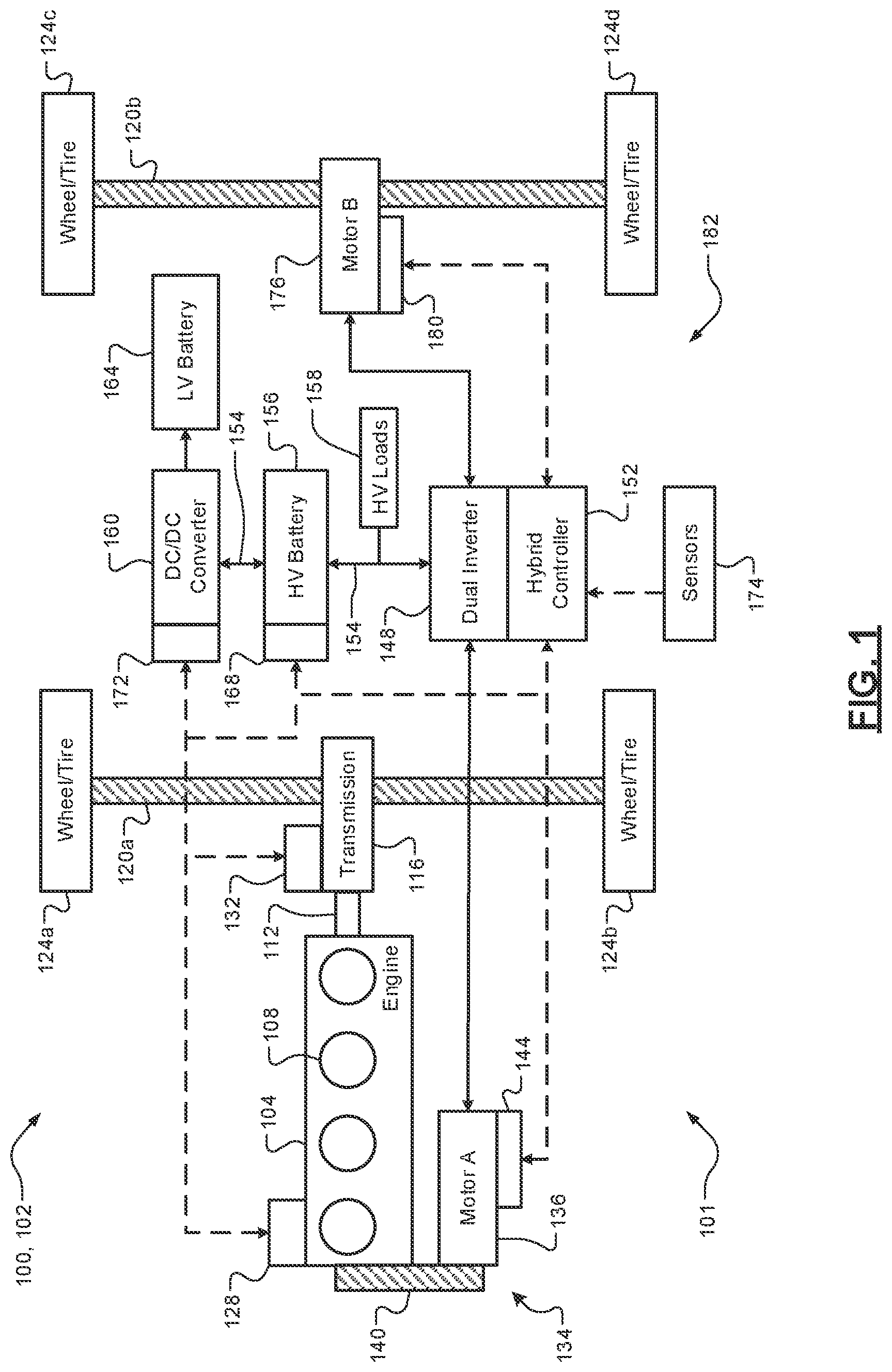 Patent US12583435 — Techniques for managing power distribution between electrified vehicle loads and high voltage battery system during low state of charge conditions — Figure 1