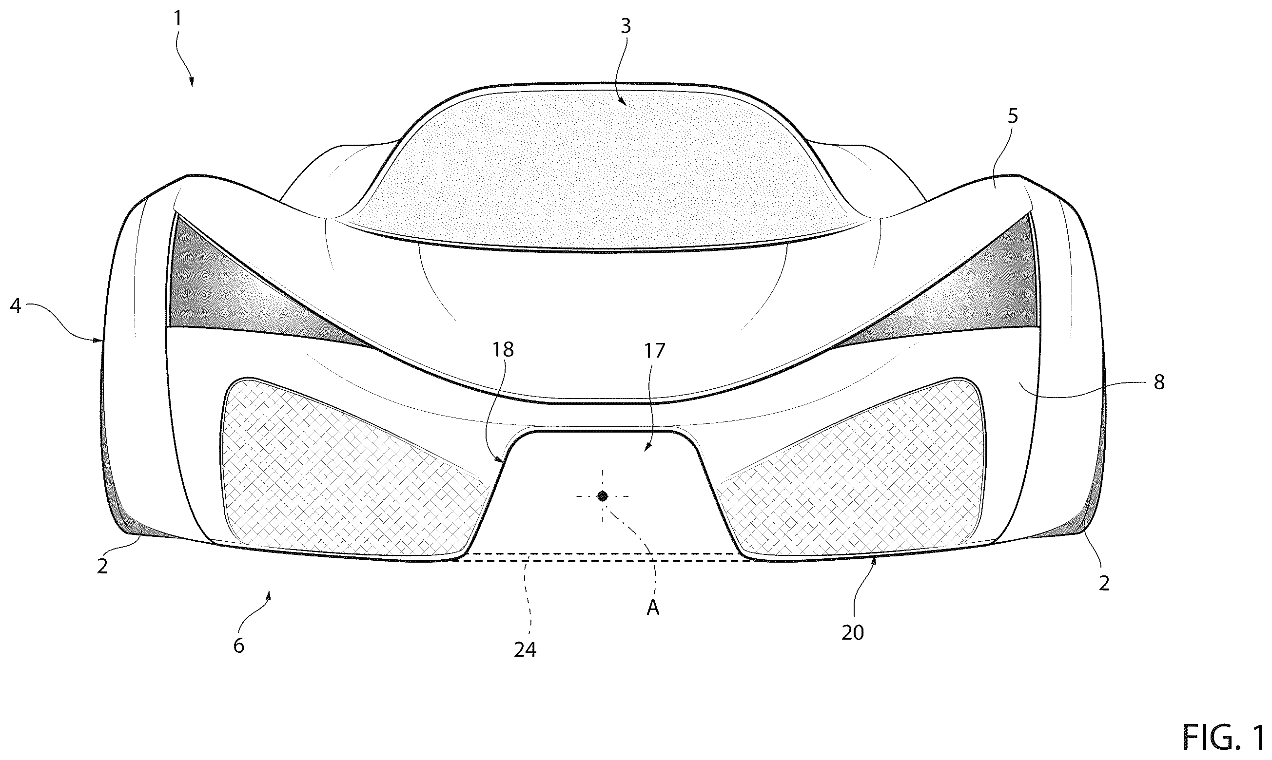 Patent US12583533 — Road vehicle provided with a central aerodynamic channel and proper powertrain system — Figure 1