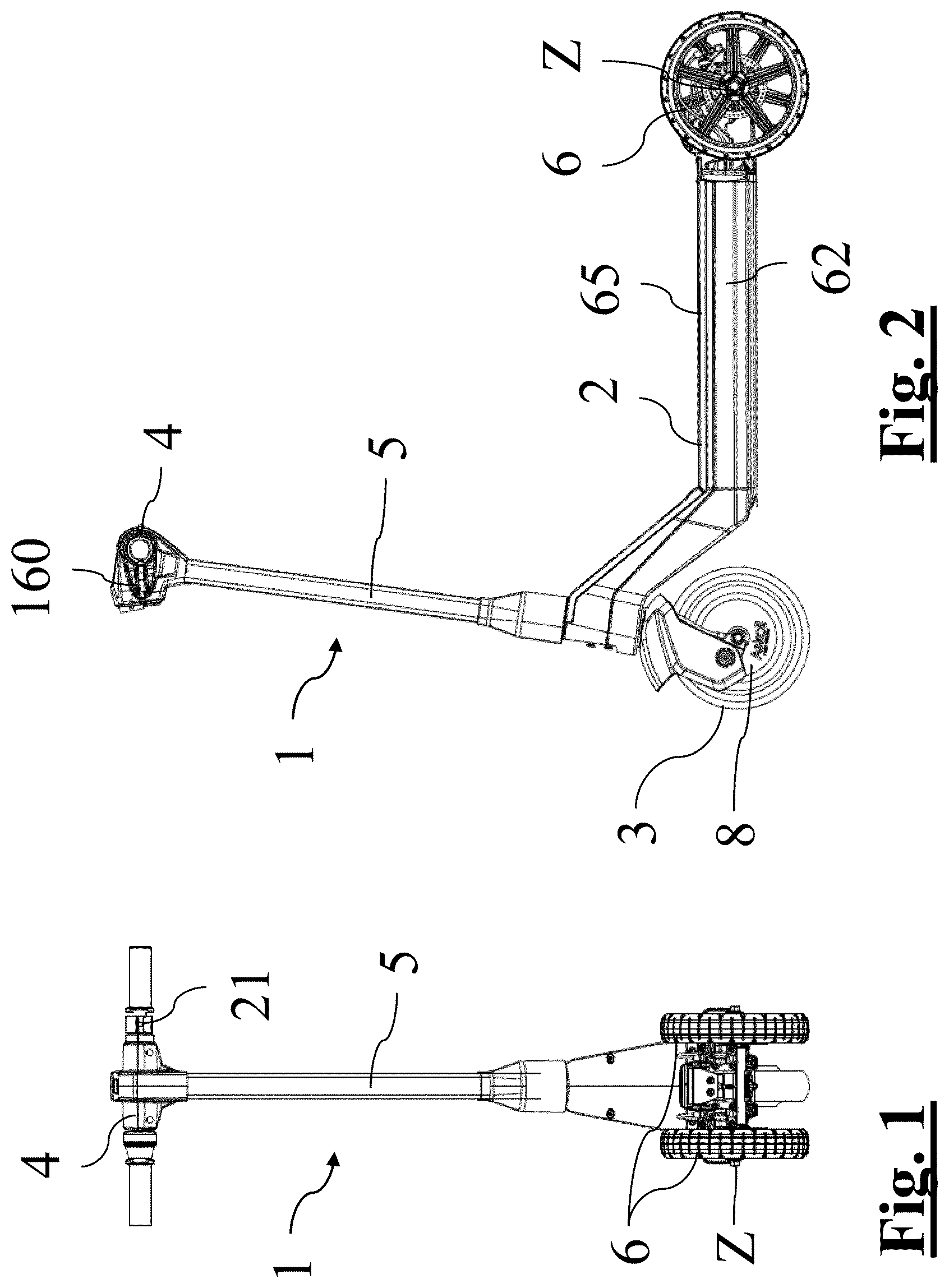 Patent US12583549 — Electric kick scooter with tilting rear axle with two wheels — Figure 1