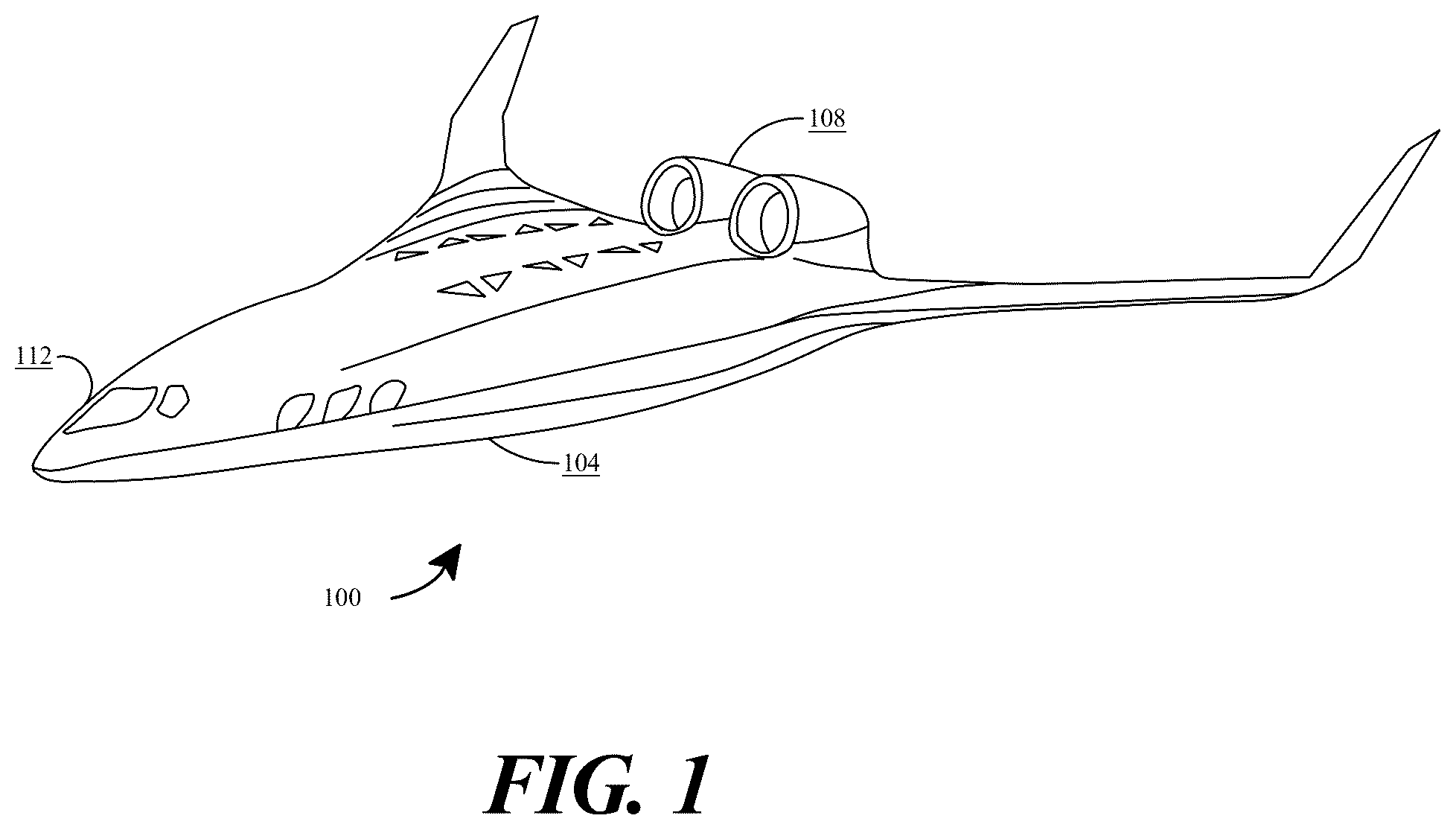 Patent US12583611 Figure 1 – Methods and systems for venting a fuel tank on a blended wing body aircraft