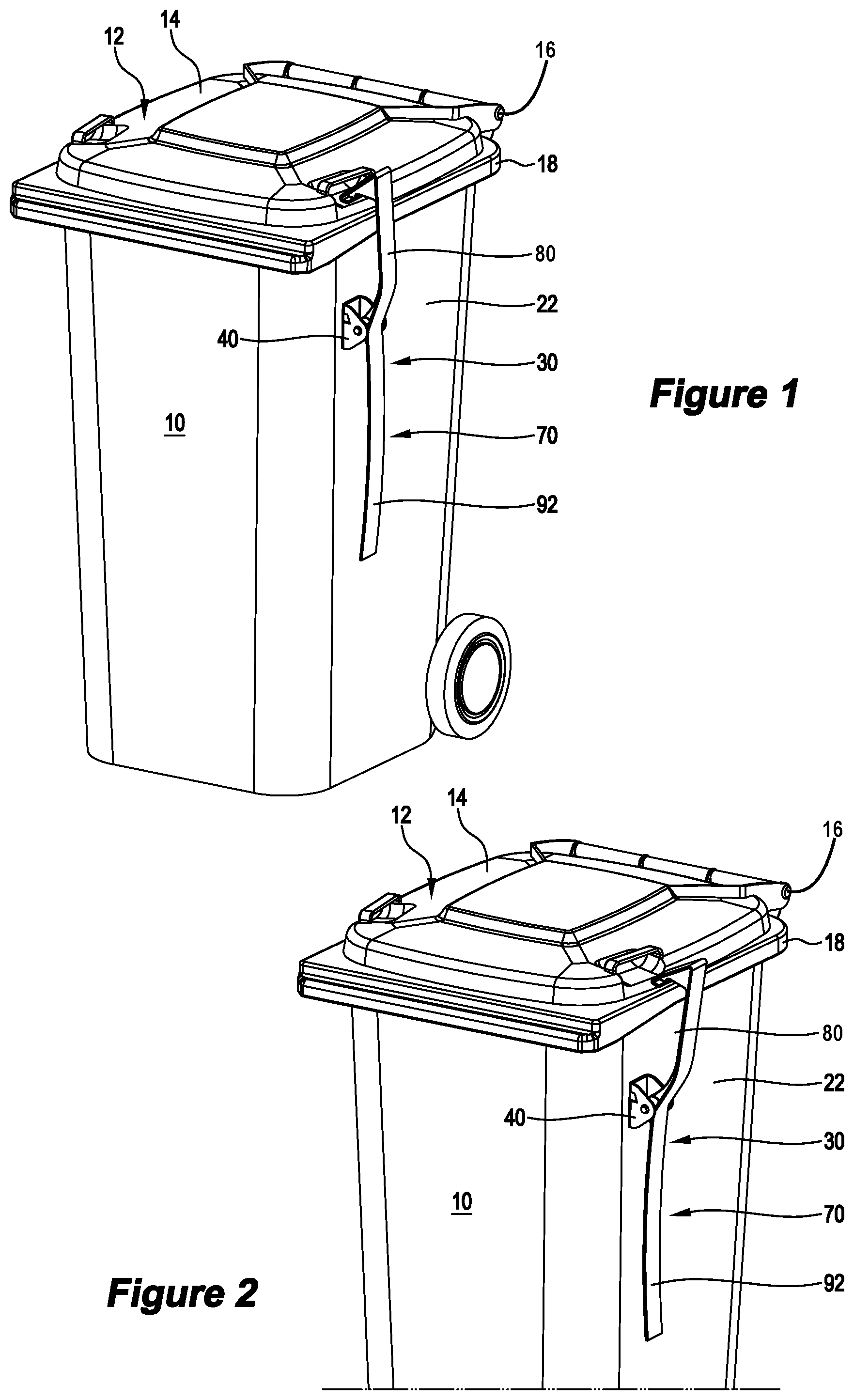 Patent US12583669 Figure 1 – Lid lock for waste receptacle