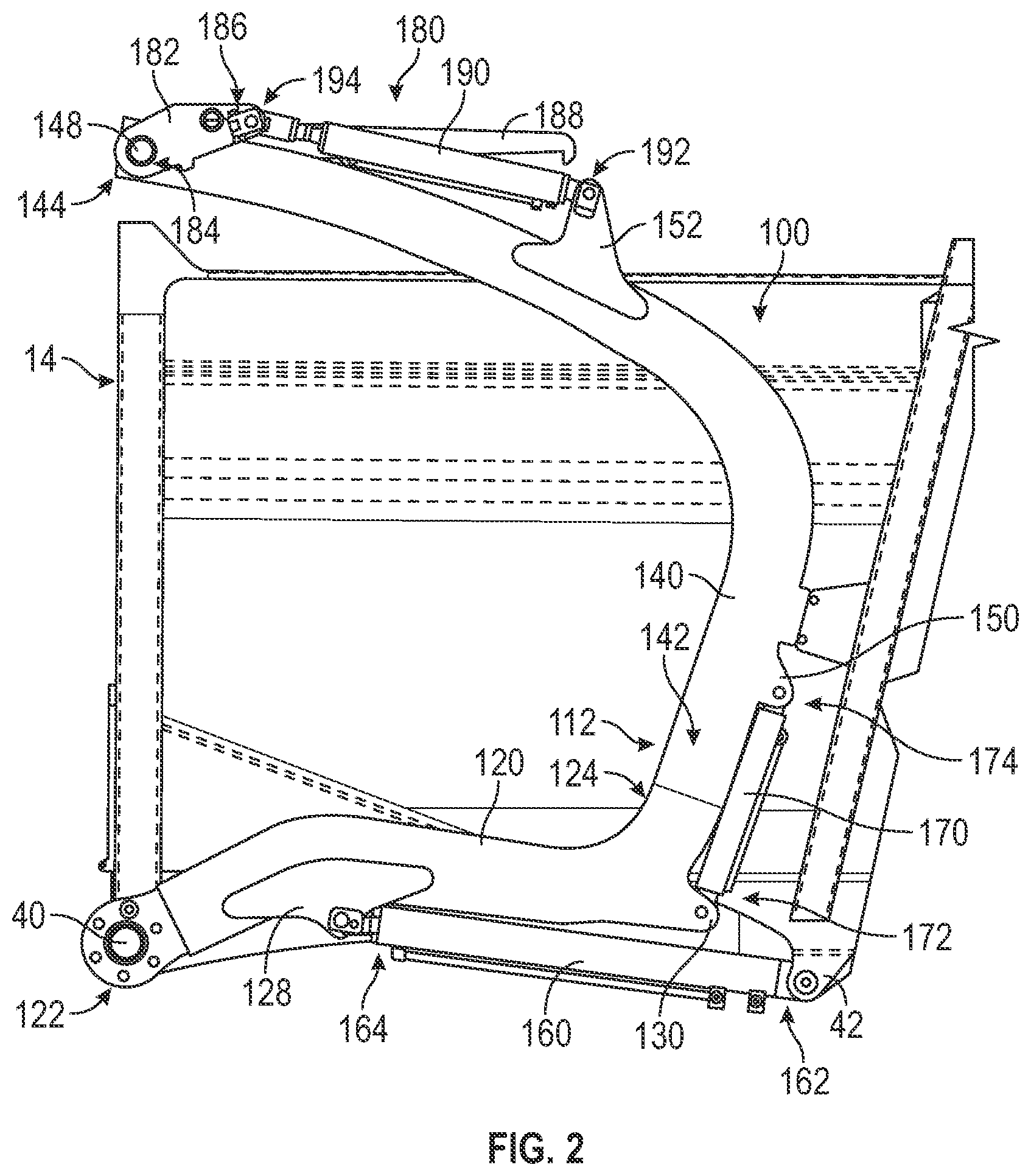 Patent US12583670 Figure 2 – Lift arm assembly for a front end loading refuse vehicle