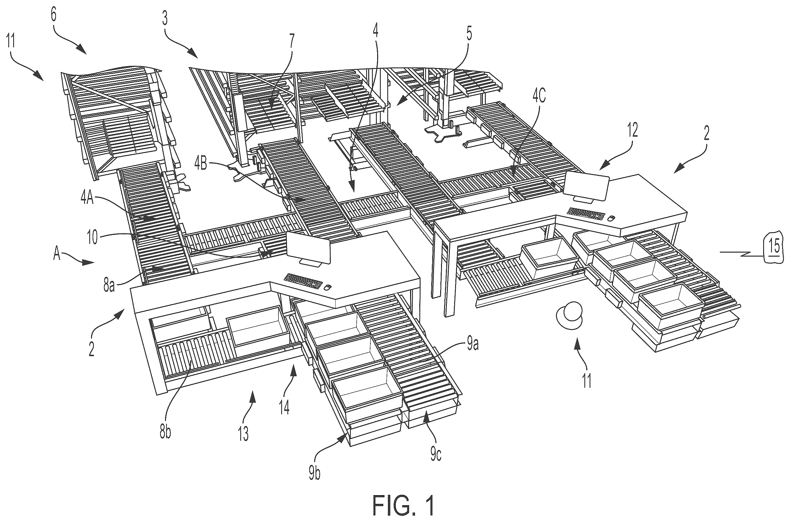 Patent US12583680 — Warehouse for order fulfilment with a product storage and at least one order fulfillment area — Figure 1
