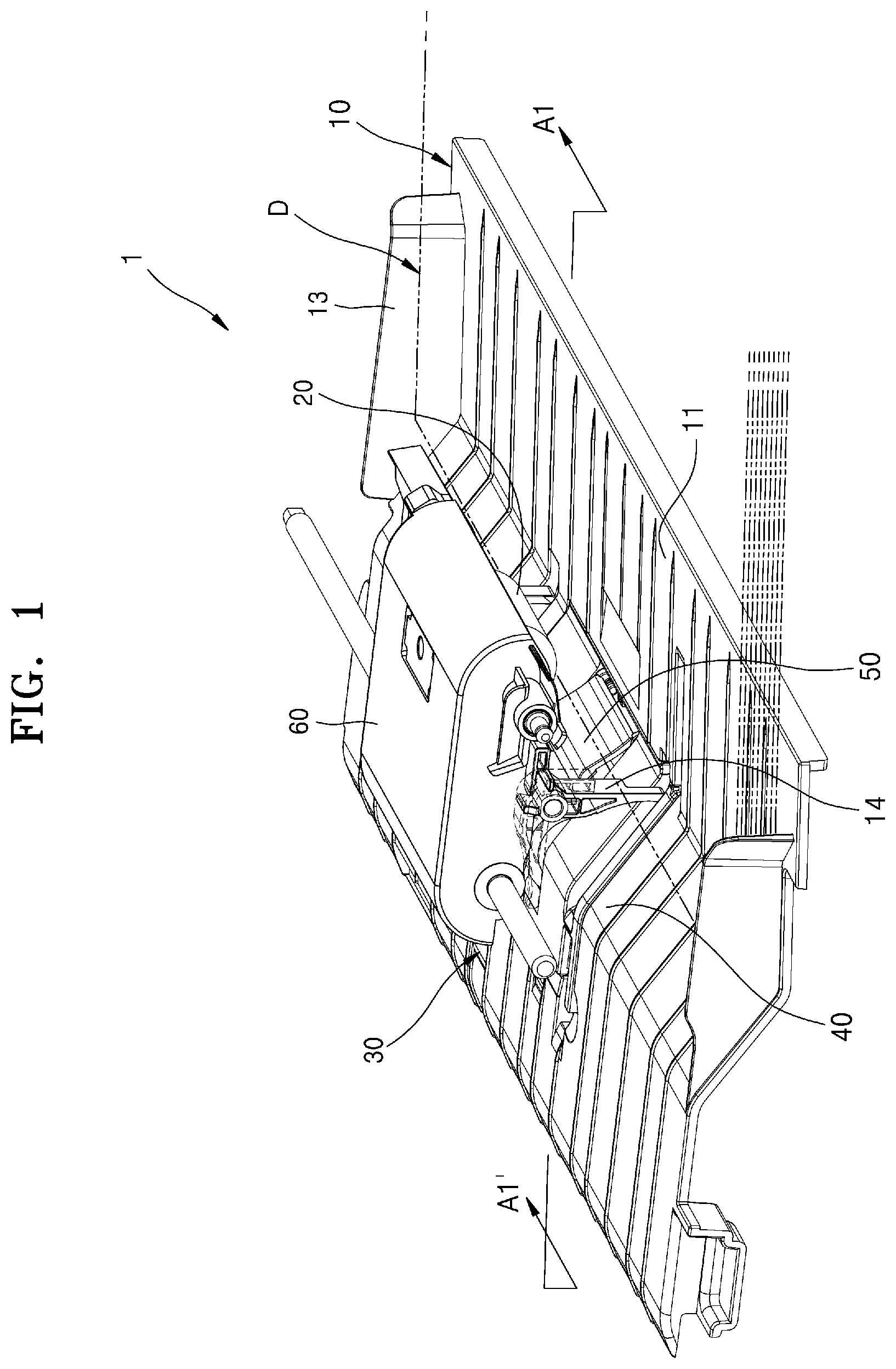 Patent US12583696 Figure 1 – Document feed device with ascendable document guide member