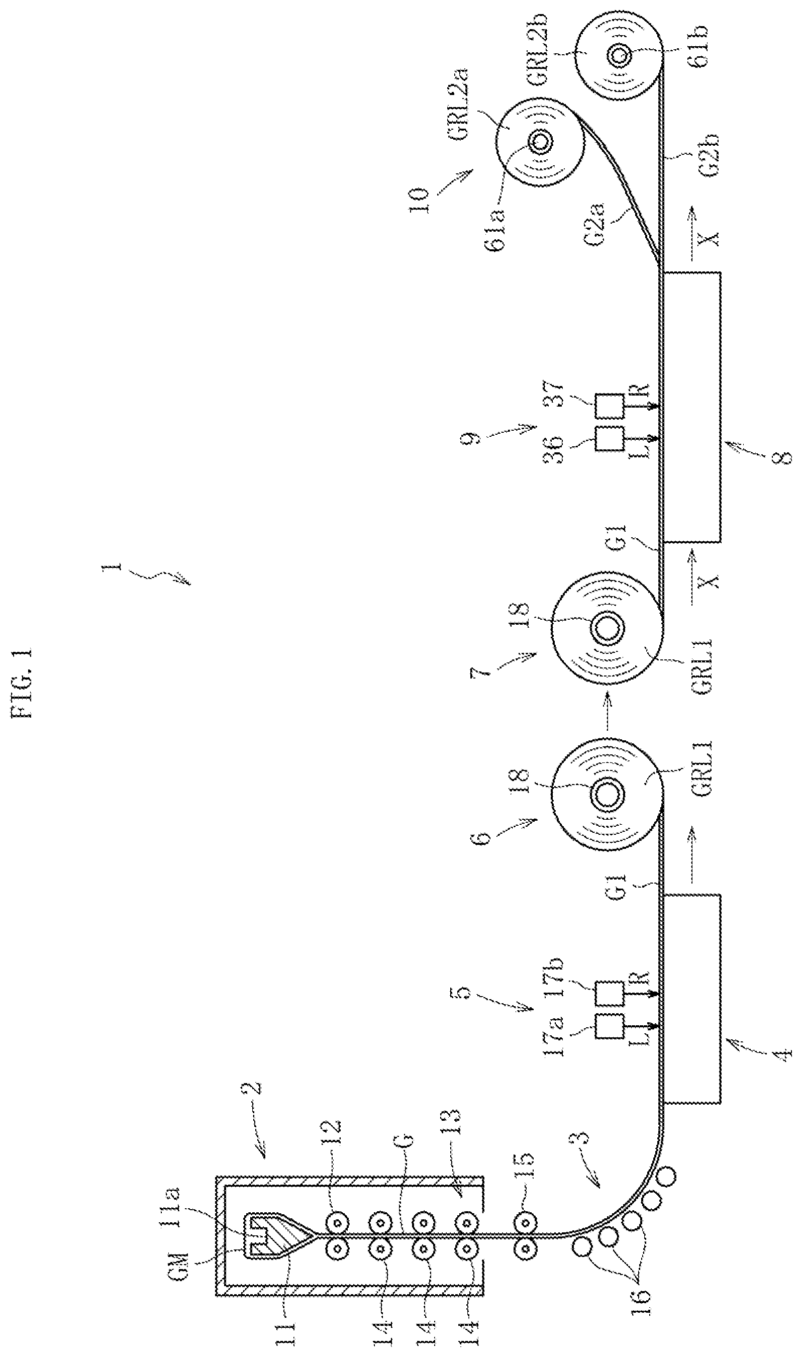 Patent US12583781 Figure 1 – Glass film production method, glass roll production method, and glass film production device
