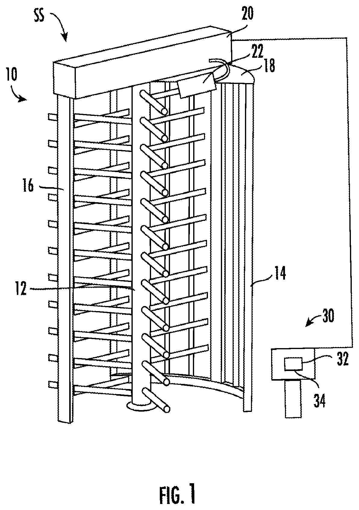 Patent US12586432 Figure 1 – Separation systems, tailgating and piggybacking detection devices, and related computer program products for controlling access to a restricted area and related methods