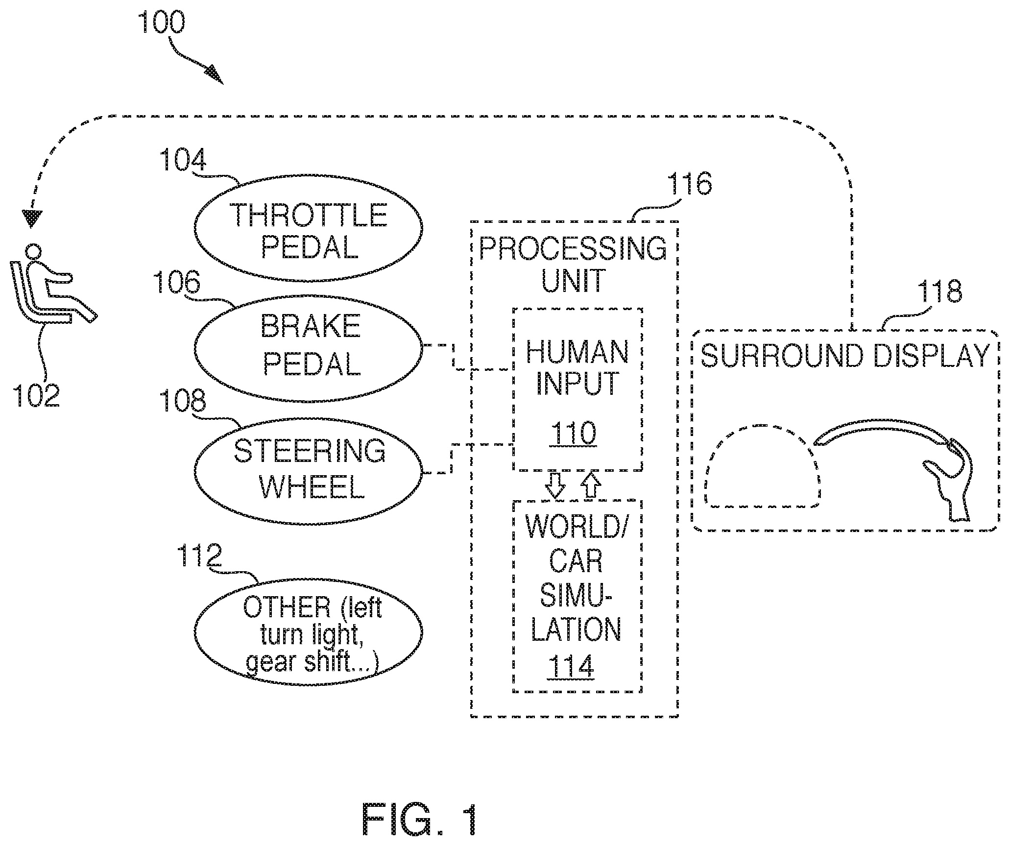 Patent US12586484 — Driving simulator with manual and semi-autonomous modes to acclimate people to automated vehicular features — Figure 1