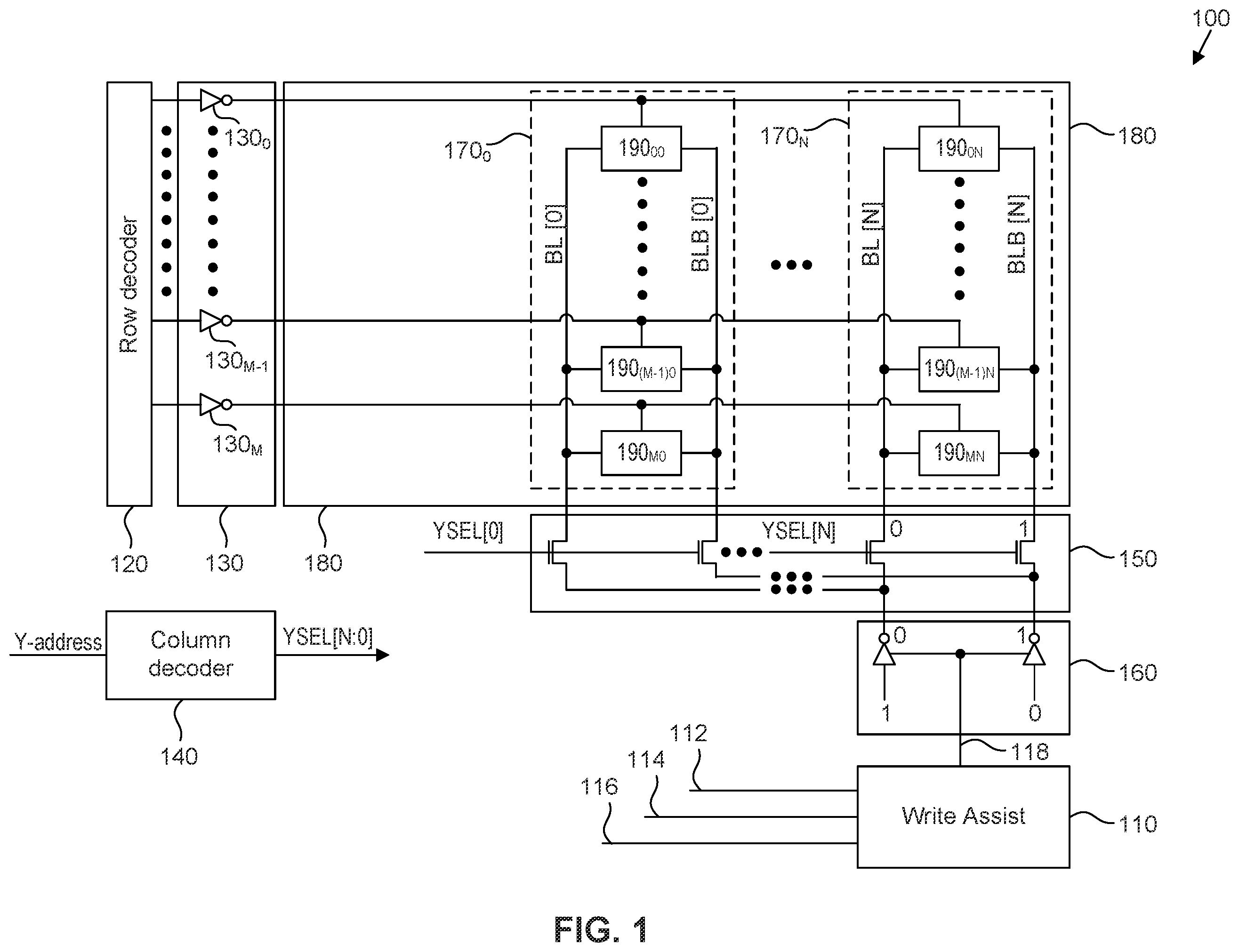 Patent US12586635 Figure 1 – Static random access memory with write assist circuit