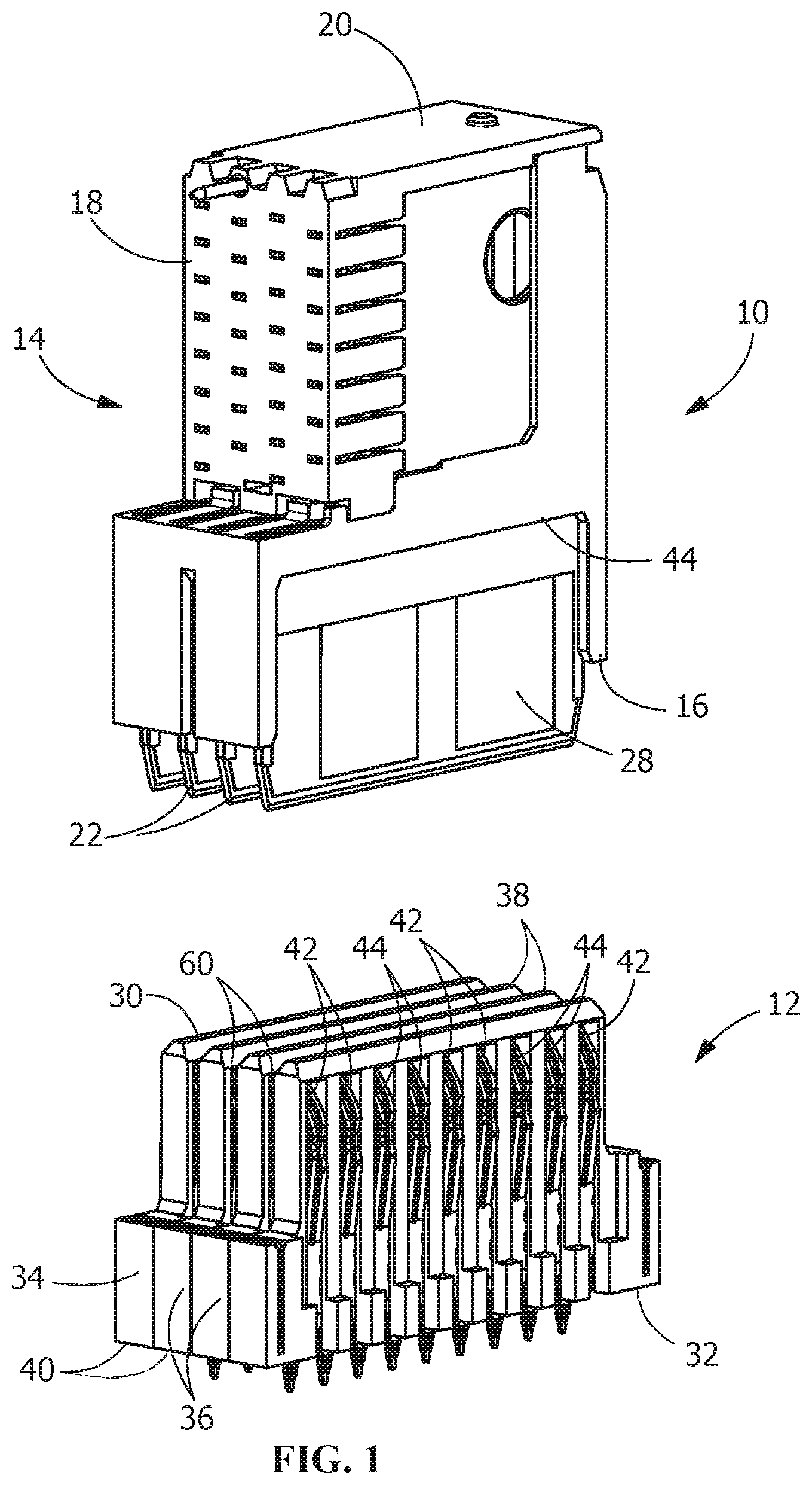 Patent US12586944 Figure 1 – Electrical connector with angled contacts with arrangement for controlling crosstalk