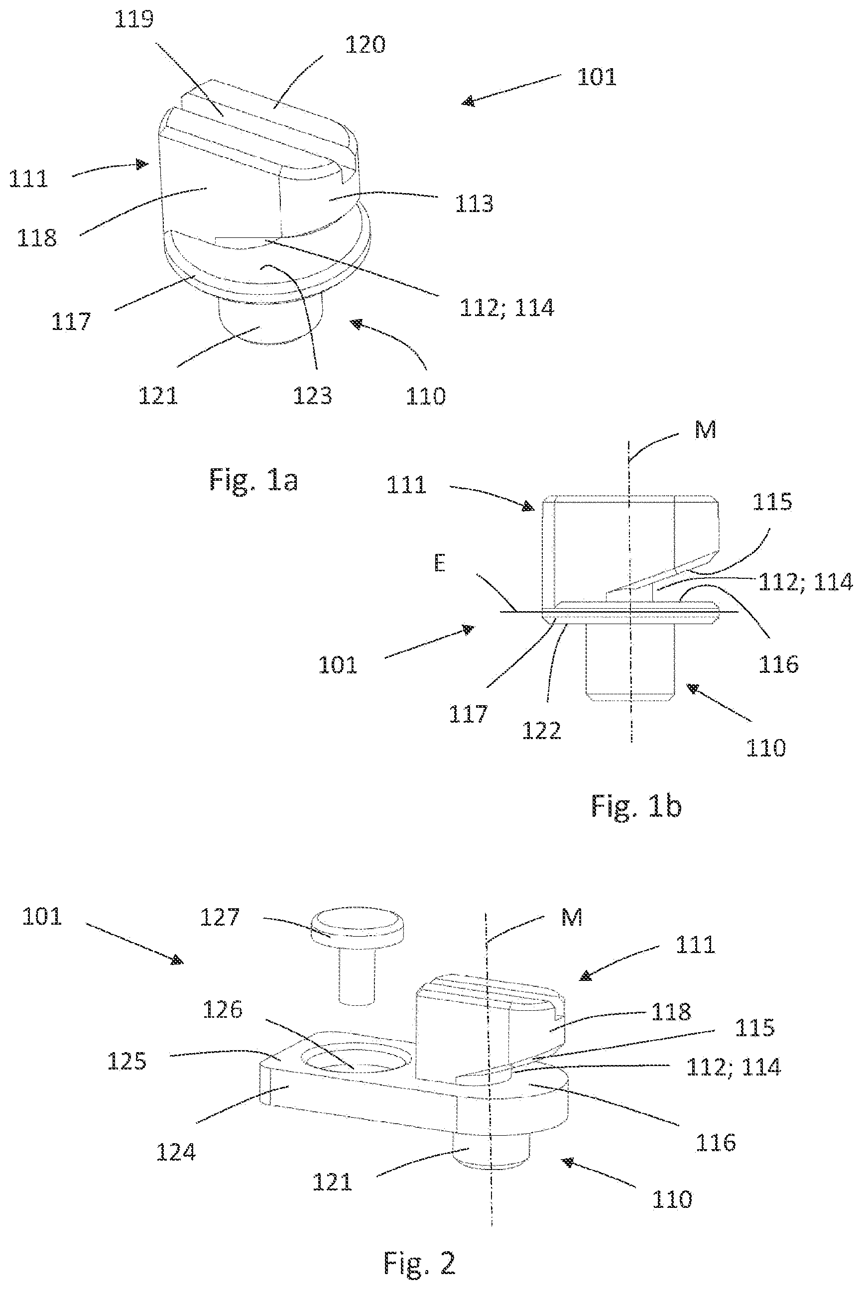 Patent US12586993 Figure 1 – Fastening device, method, arrangement and switchgear cabinet