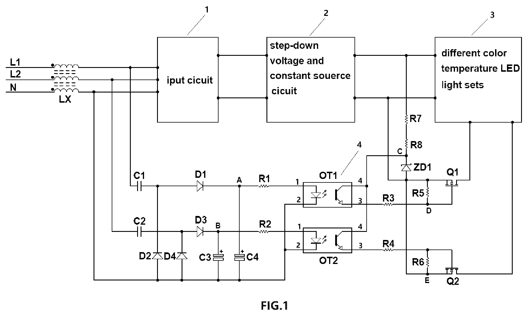 Patent US12588118 — Control circuit for driving different color temperature LED lights with AC input voltage — Figure 1