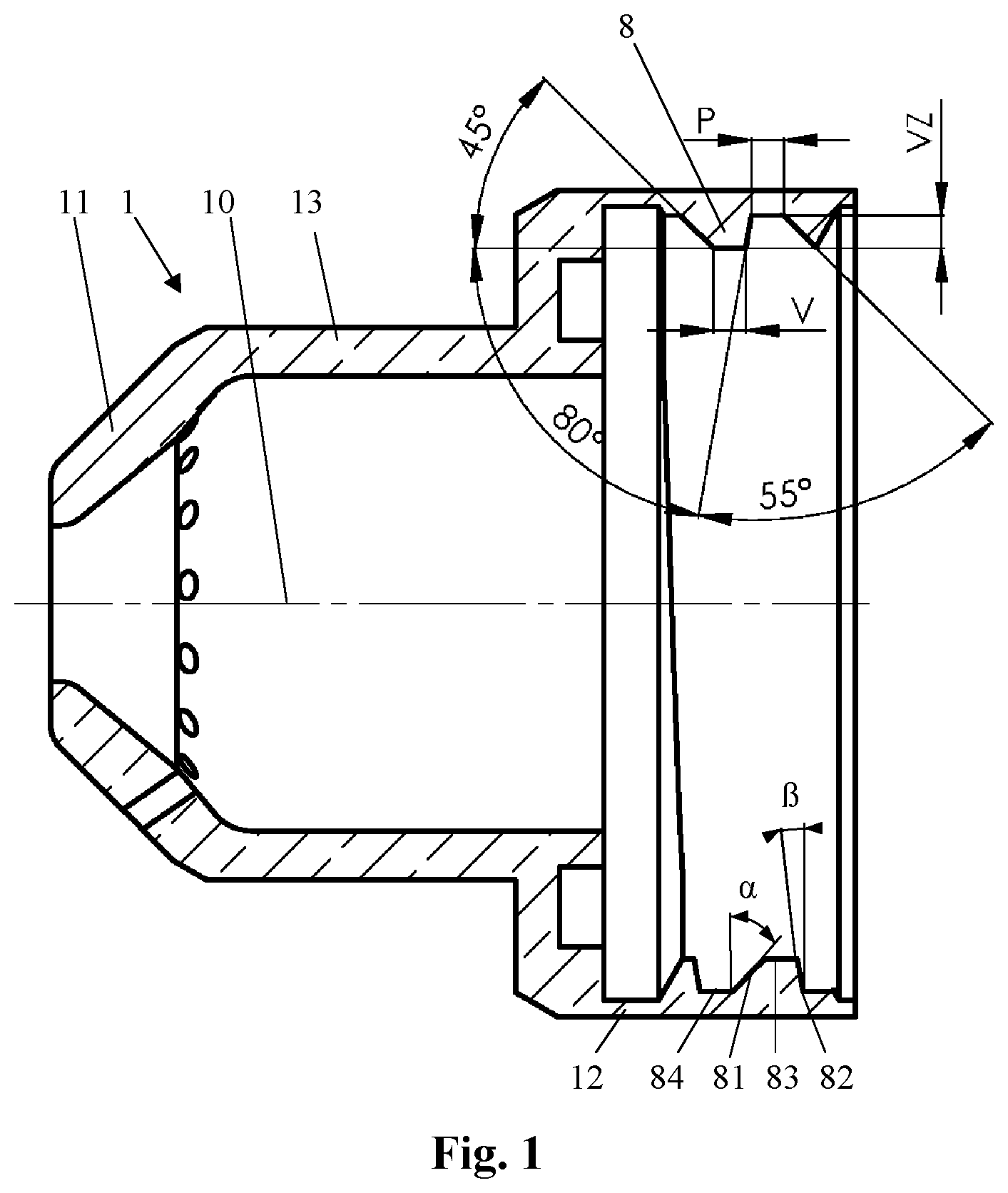 Patent US12588133 — Cutting or welding torch component comprising a buttress thread — Figure 1