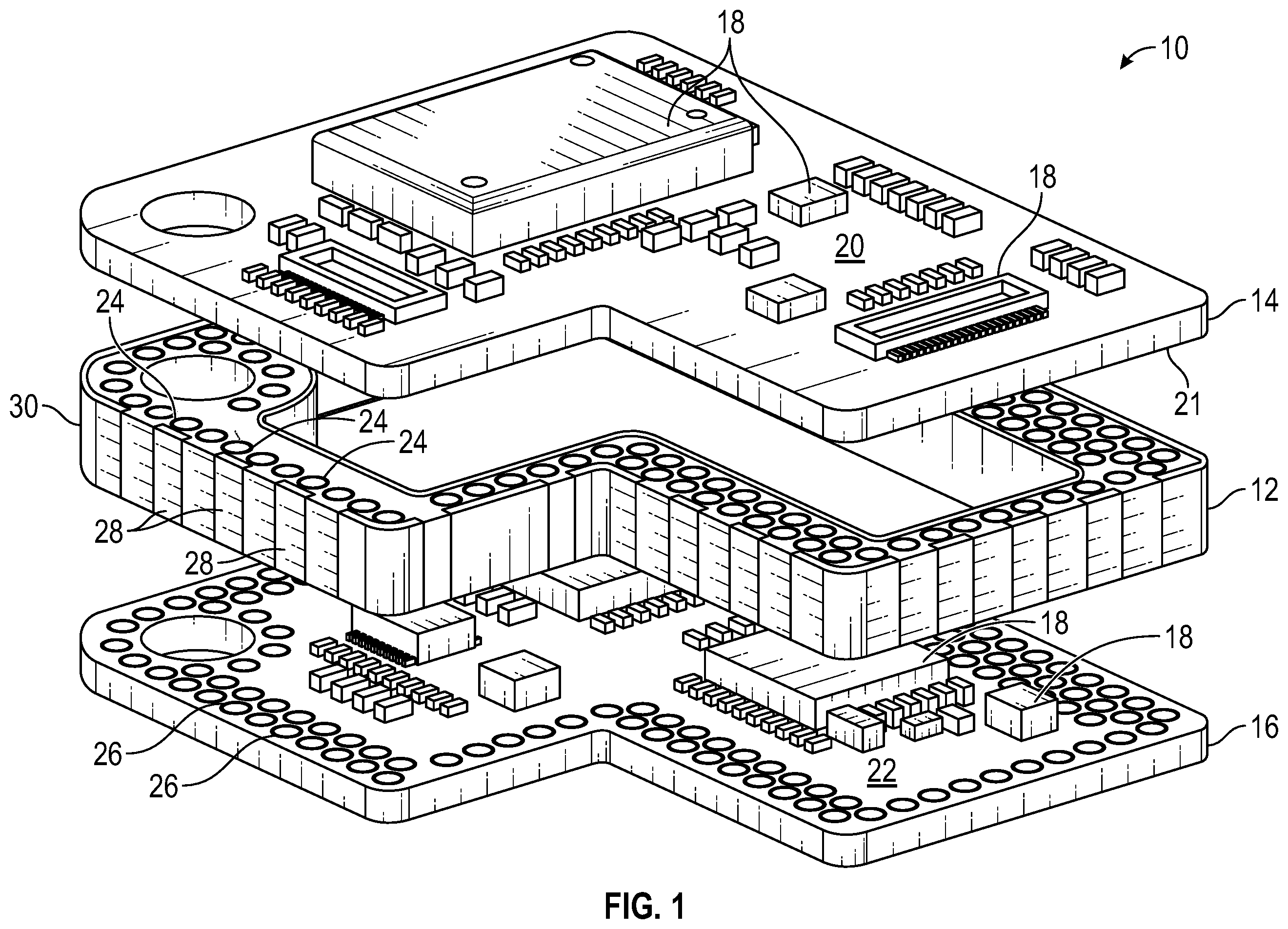 Patent US12588137 — Interposer board side wall having electrical features — Figure 1