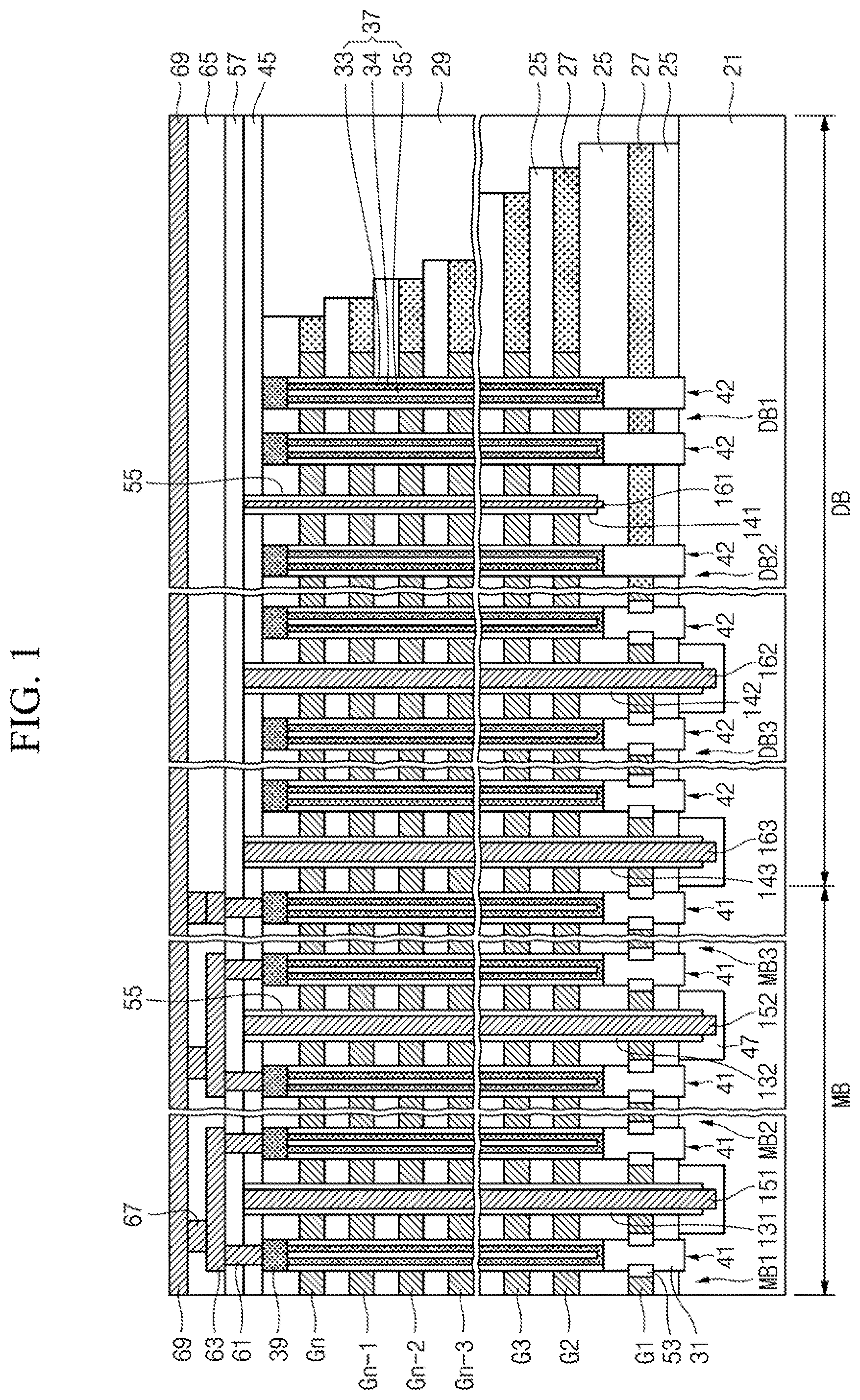Patent US12588211 — Semiconductor device including stack structure and trenches — Figure 1