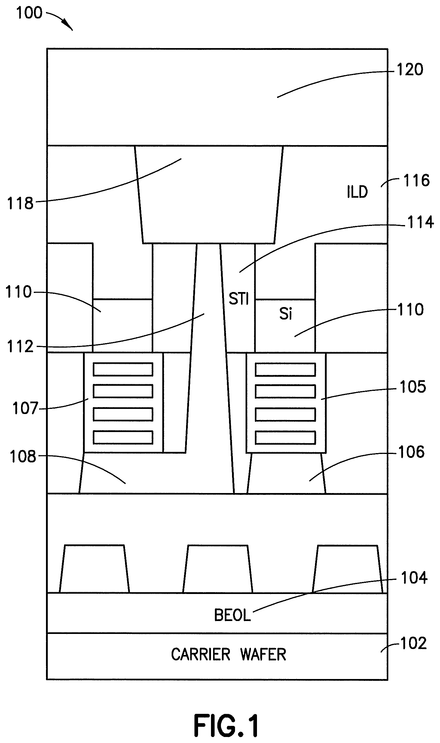 Patent US12588216 — Pillar based memory (MRAM) embedded within the buried power rail within a backside power distribution network — Figure 1