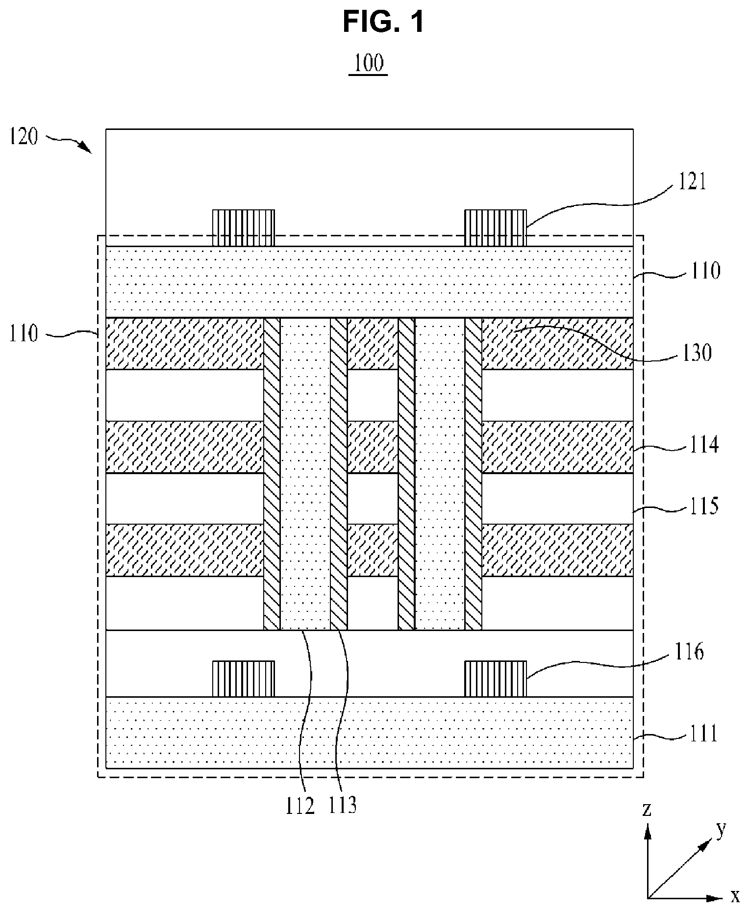 Patent US12588221 Figure 1 – Three-dimensional flash memory with high degree of integration