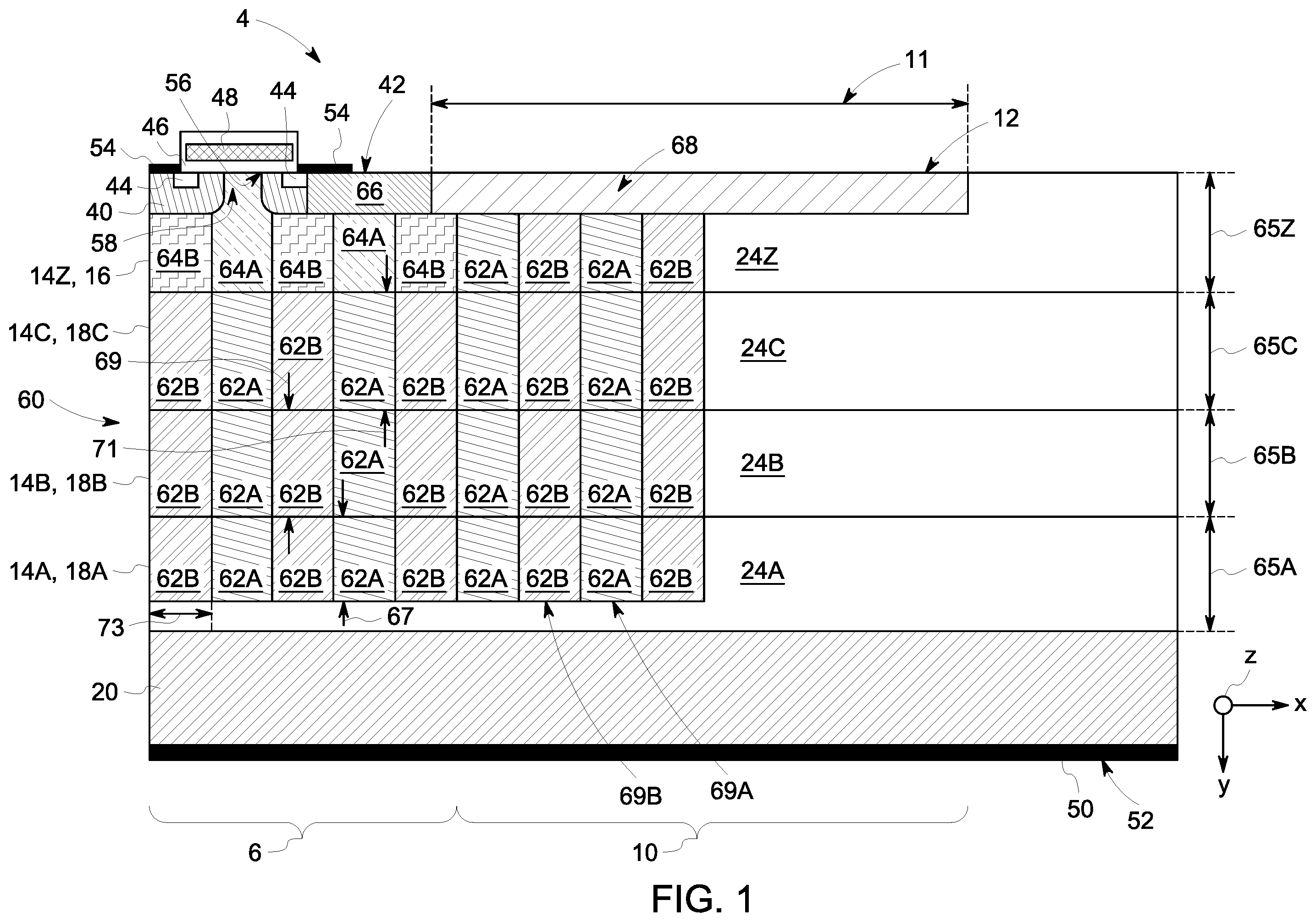 Patent US12588254 — Systems and methods for pillar extension in termination areas of wide band gap super-junction power devices — Figure 1