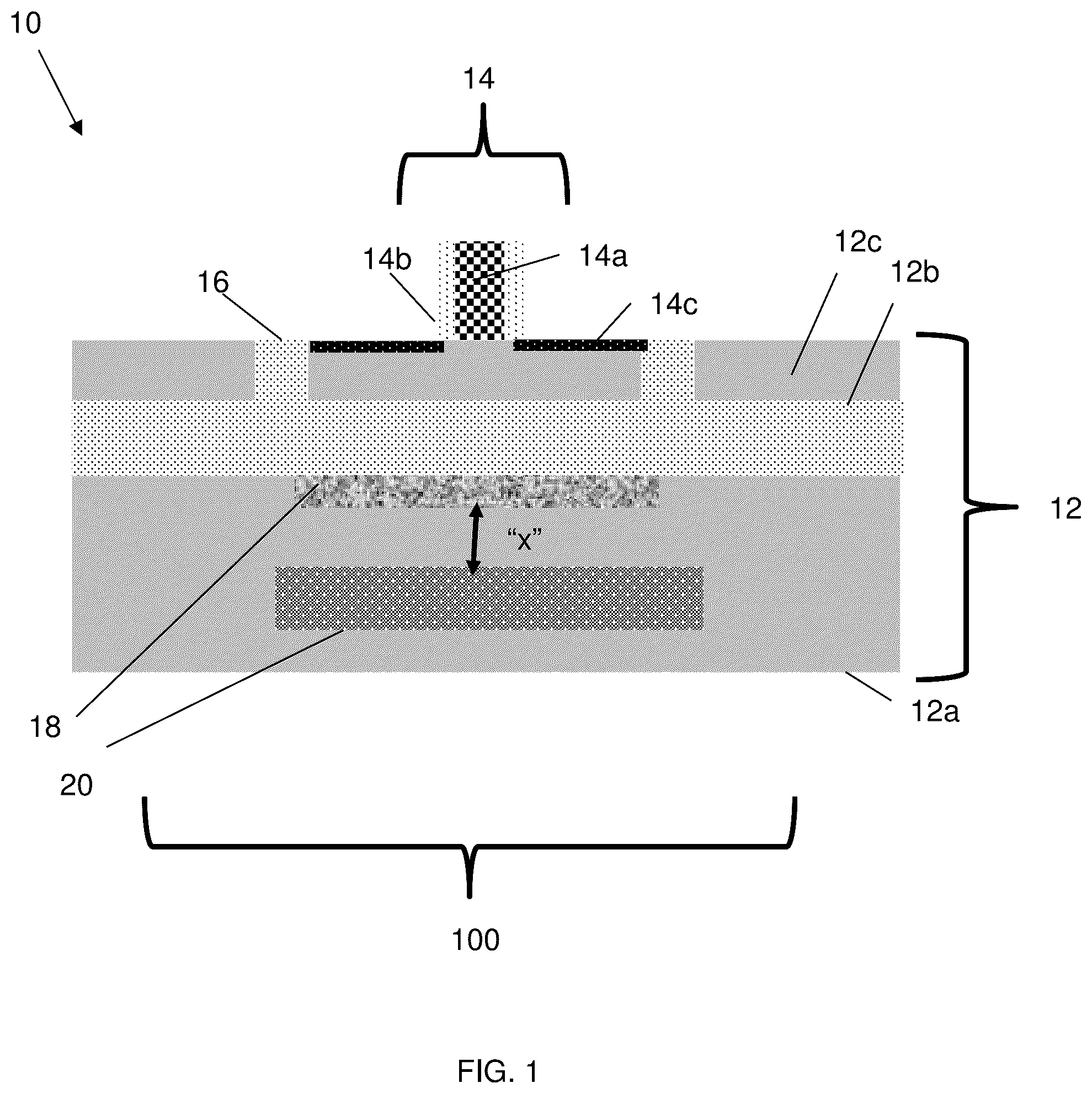 Patent US12588282 — Integrated structure with trap rich regions and low resistivity regions — Figure 1