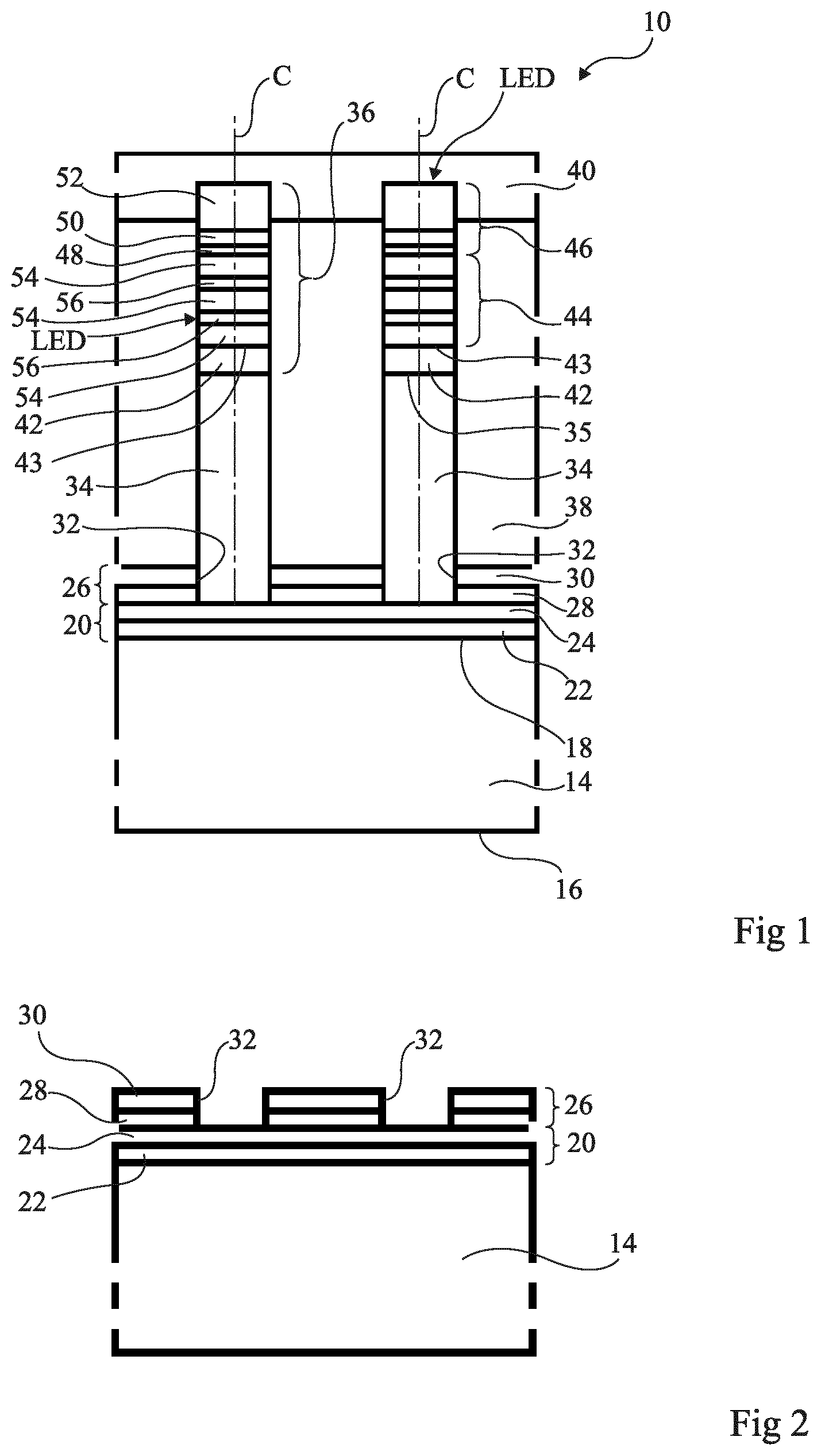 Patent US12588316 Figure 1 – Optoelectronic device comprising three-dimensional semiconductor elements and method for manufacturing said device