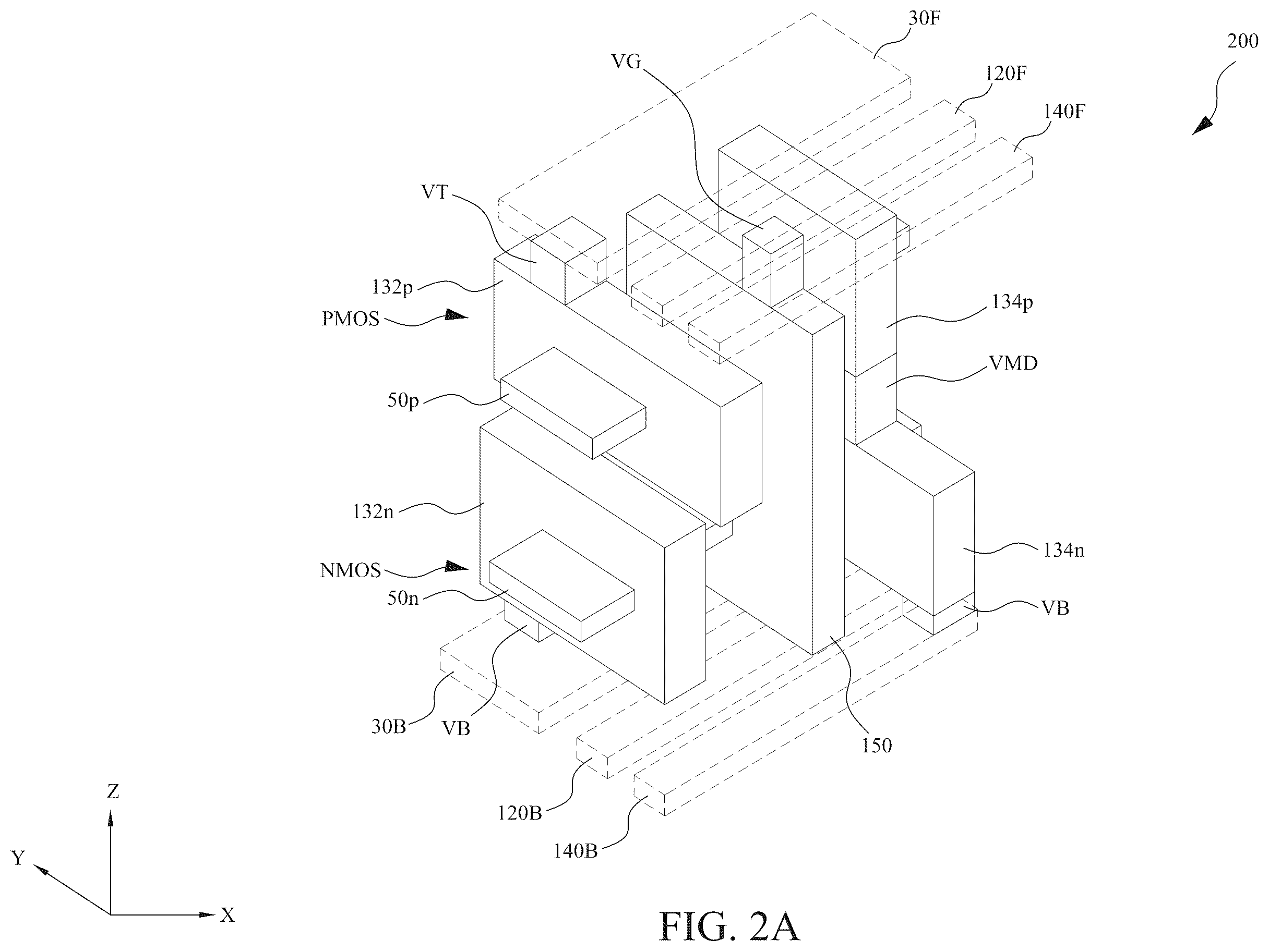 Patent US12588491 Figure 5 – Power rail and signal line arrangement in integrated circuits having stacked transistors