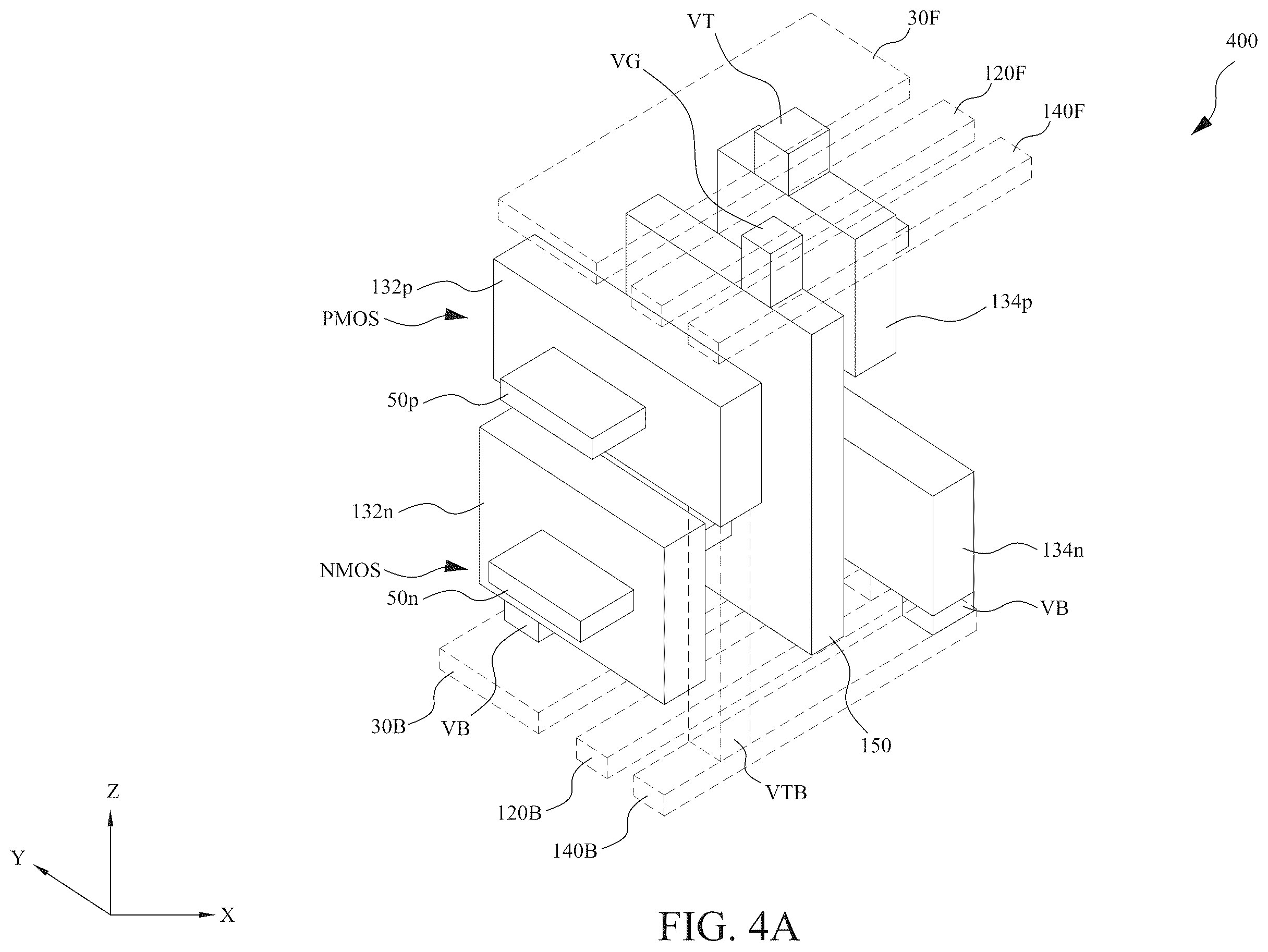 Patent US12588491 Figure 11 – Power rail and signal line arrangement in integrated circuits having stacked transistors