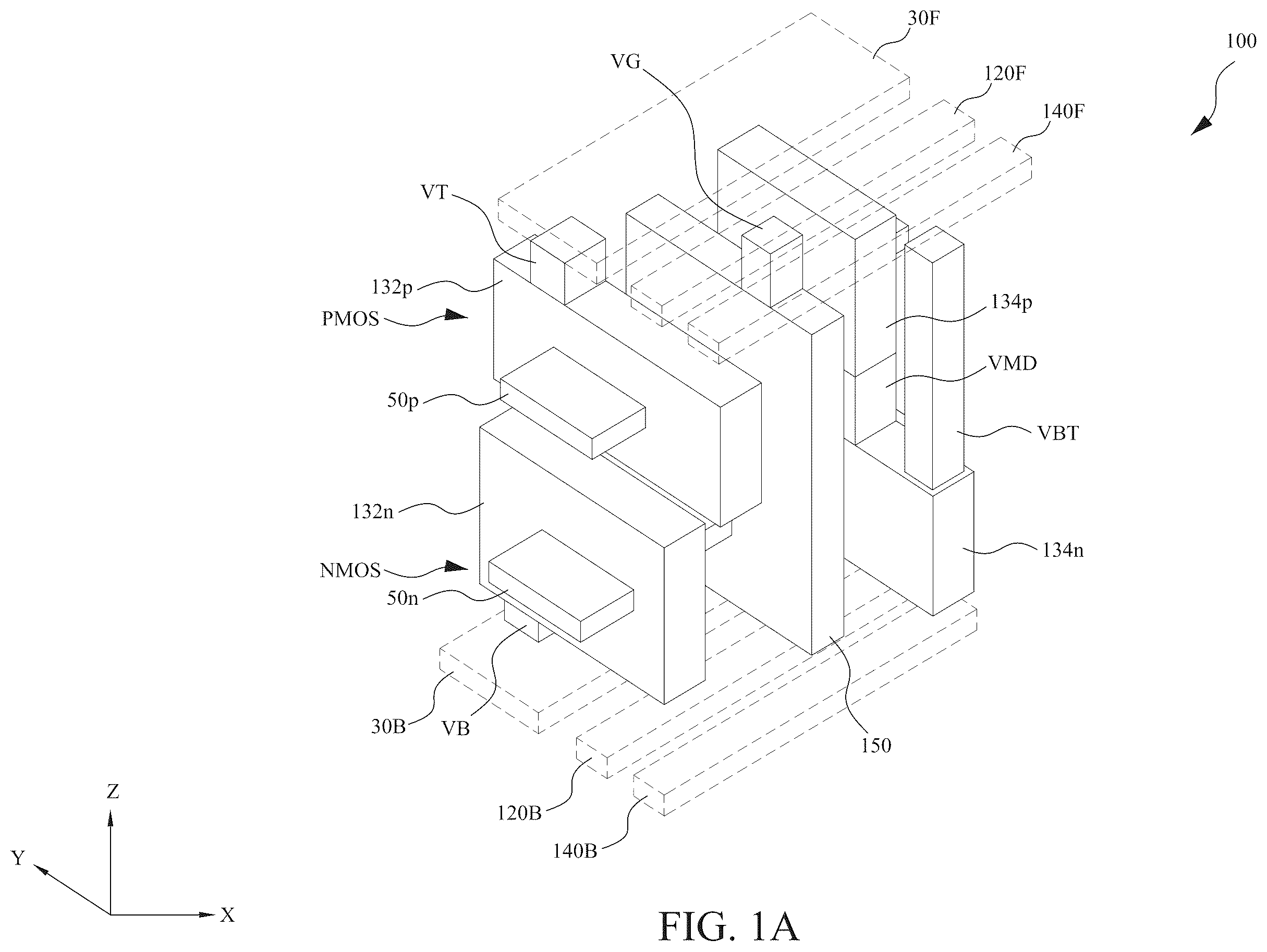 Patent US12588492 — Power rail and signal line arrangement in integrated circuits having stacked transistors — Figure 1