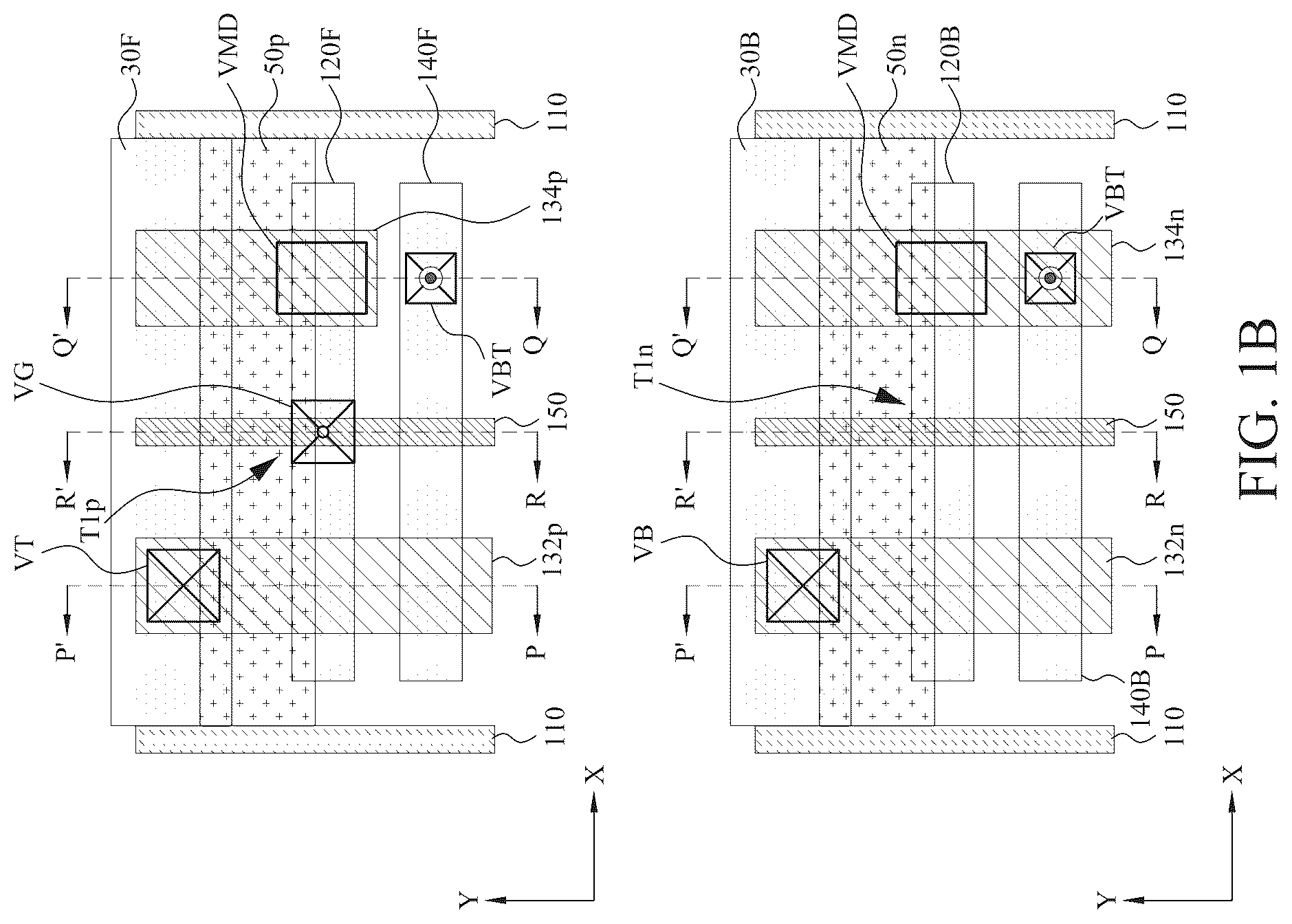 Patent US12588492 Figure 2 – Power rail and signal line arrangement in integrated circuits having stacked transistors